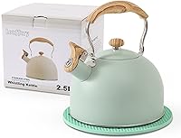 Vista 9 de LONFFERY Tetera para estufa, hervidor de té silbante de 2.5 cuartos, con mango plegable de acero inoxidable de grado alimenticio y patrón de madera