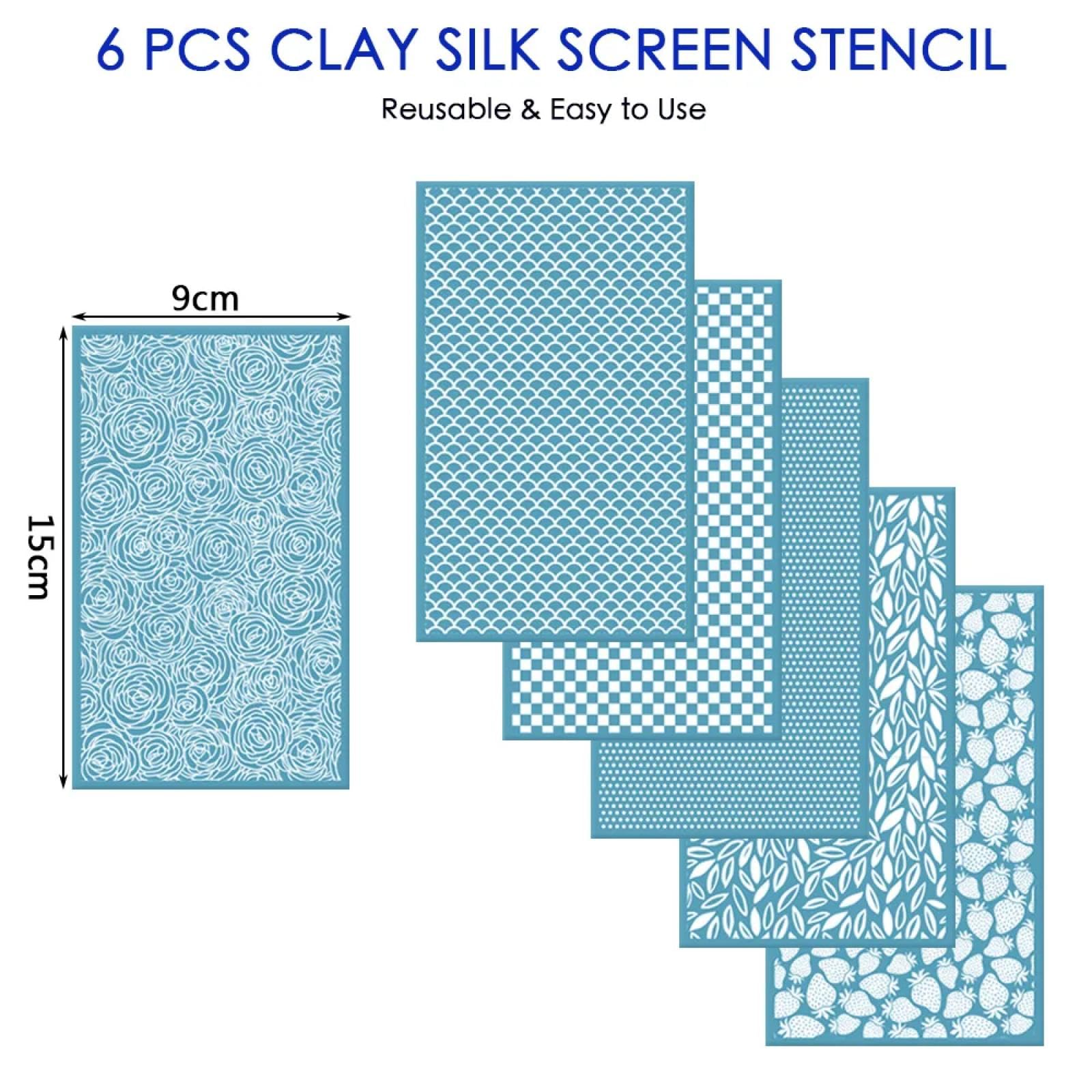 MANGOUSONG Screen Printing Kit,6Pcs 15x9cm Rose Silk Screen Reusable Silkscreen Print Kit for Printing on Clay Jewelry Clay Earrings Polymer Clay Stencils
