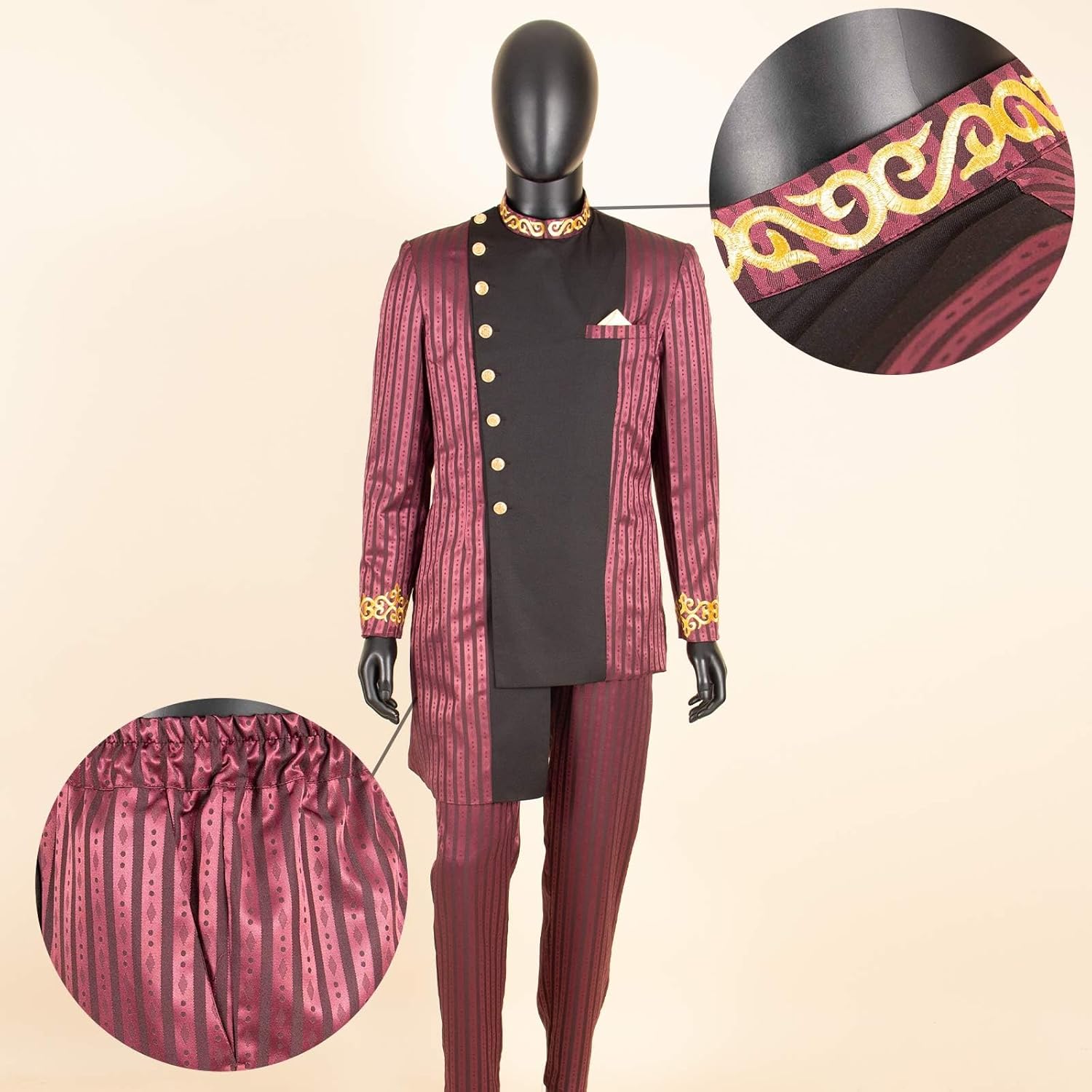 African Attire for Men Embroidery Jacket and Trousers Wedding Formal Slim Fit 2 Piece Set