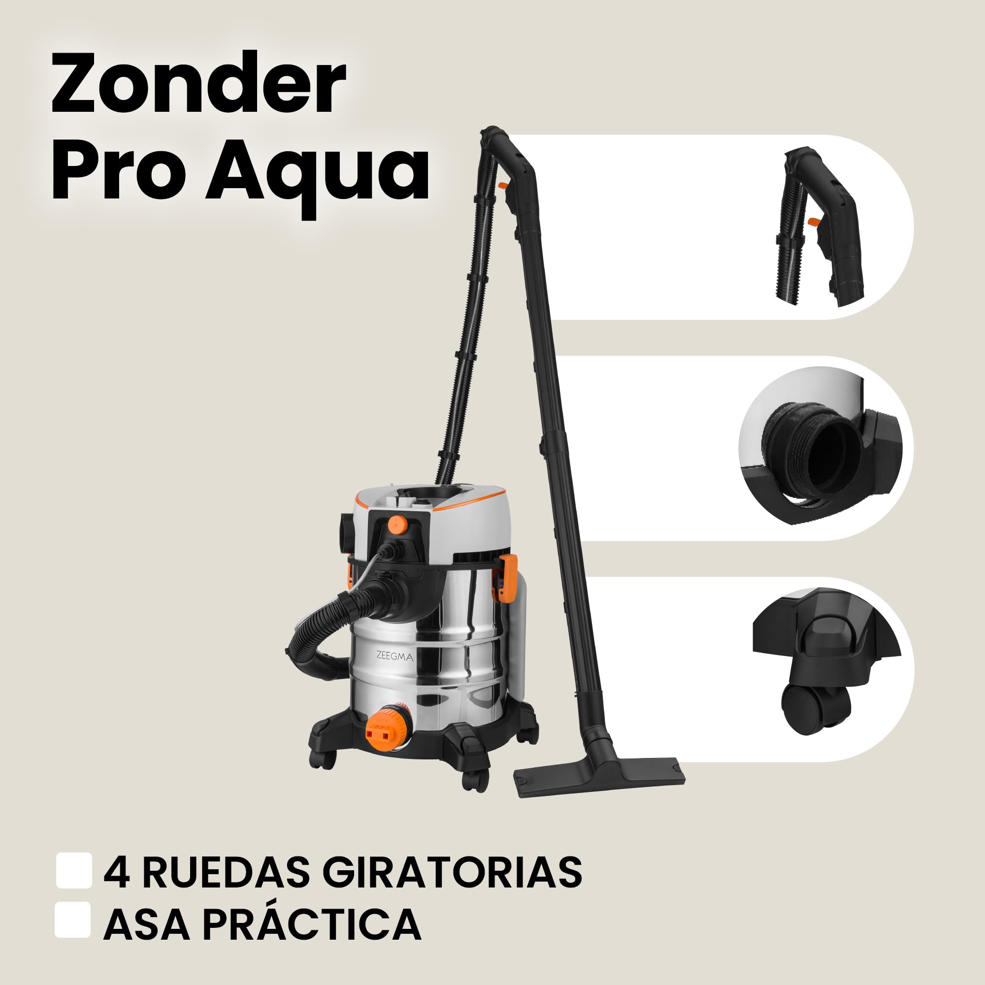 Zeegma ZONDER Pro Aqua Aspirador en seco y húmedo 1400 W, para Alfombras Coche Tapicería Escaleras, Depósito de Agua Limpia de 4 L, Juego de Filtros y Boquillas de Lavado
