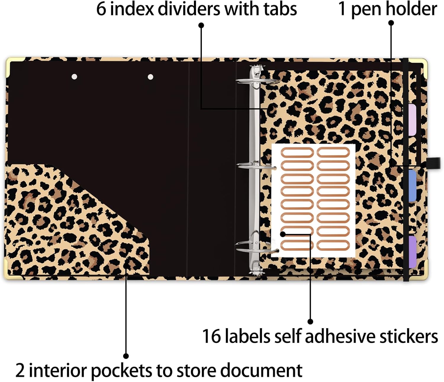 3 Ring Binder 2 Inch Round Ring Binder with 6 Tab Dividers，2 Interior Pockets，Cute Binder Clipboard with Storage, for School Office, Portfolio(Cheetah Spots) - Image 2