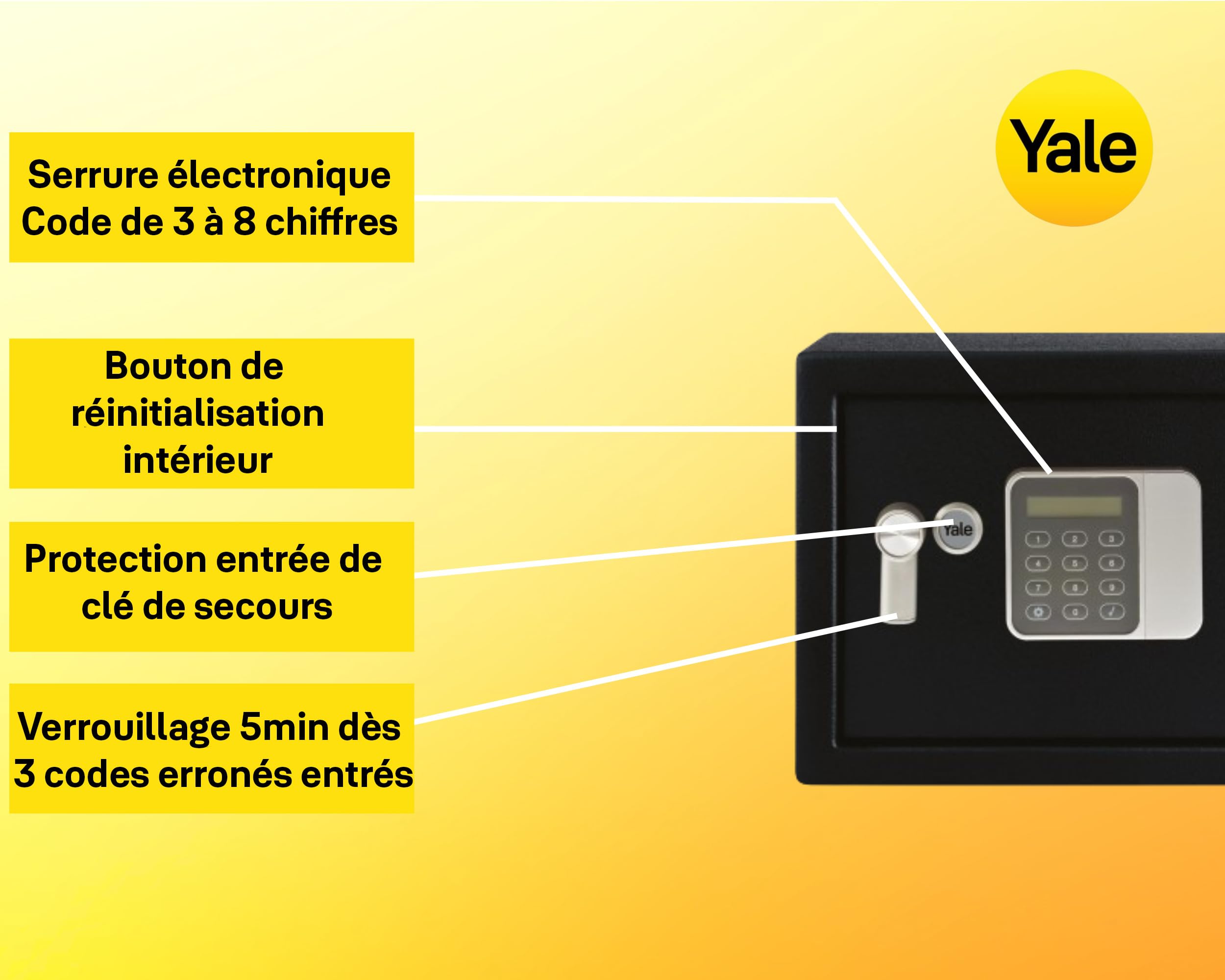 Yale Coffre-Fort Électronique Hôtel - Medium 16L - Serrure électronique 100 000 Combinaisons, Code utilisateur et Code maître 3 à 8 Chiffres pour Clients et hôtelier - 25x35x25cm YSG/250/DB2