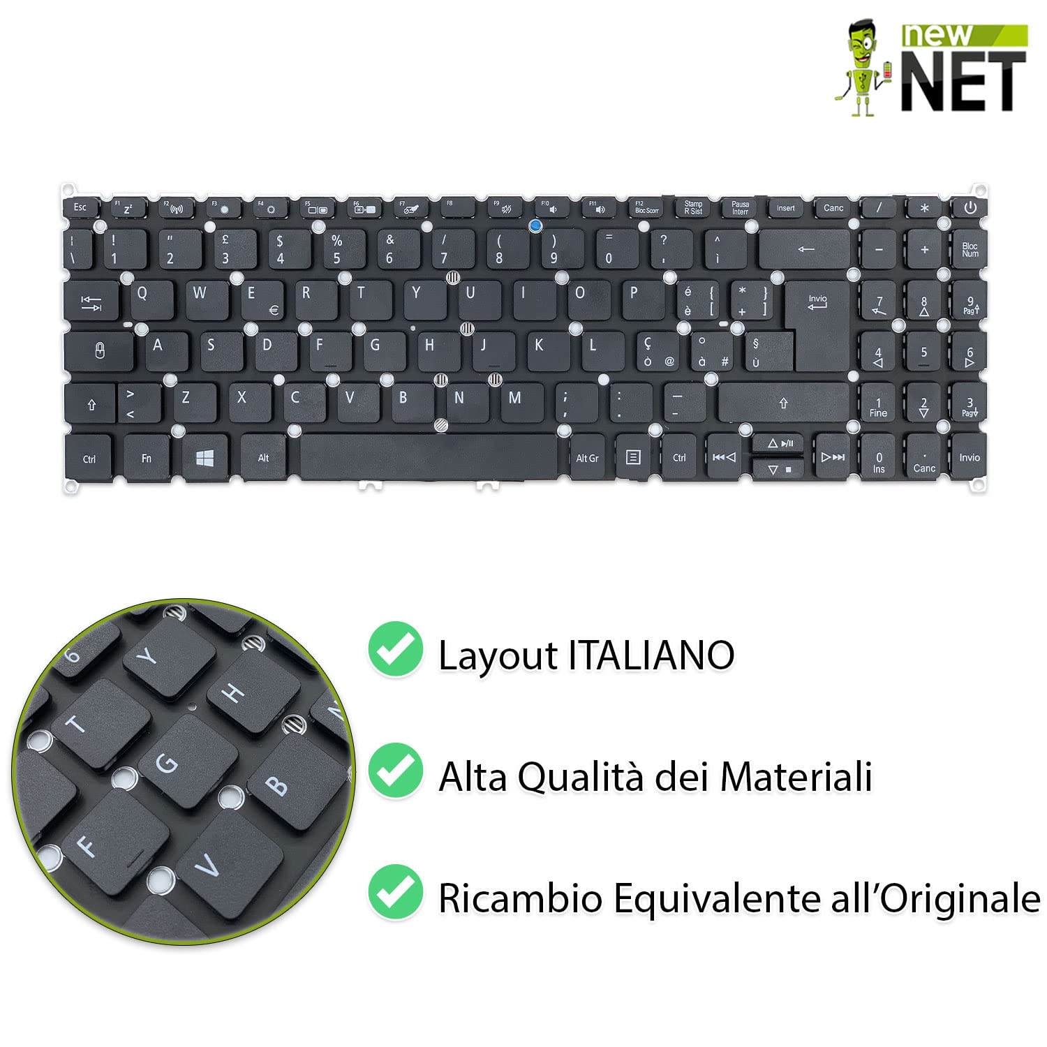 new net Keyboards - Tastiera Compatibile con Notebook Acer Extensa EX215-21 EX215-52G EX215-22 EX215-51 EX215-51G EX215-53 EX215-31 EX215-53G EX215-52[ Layout ITA - Senza Frame ]