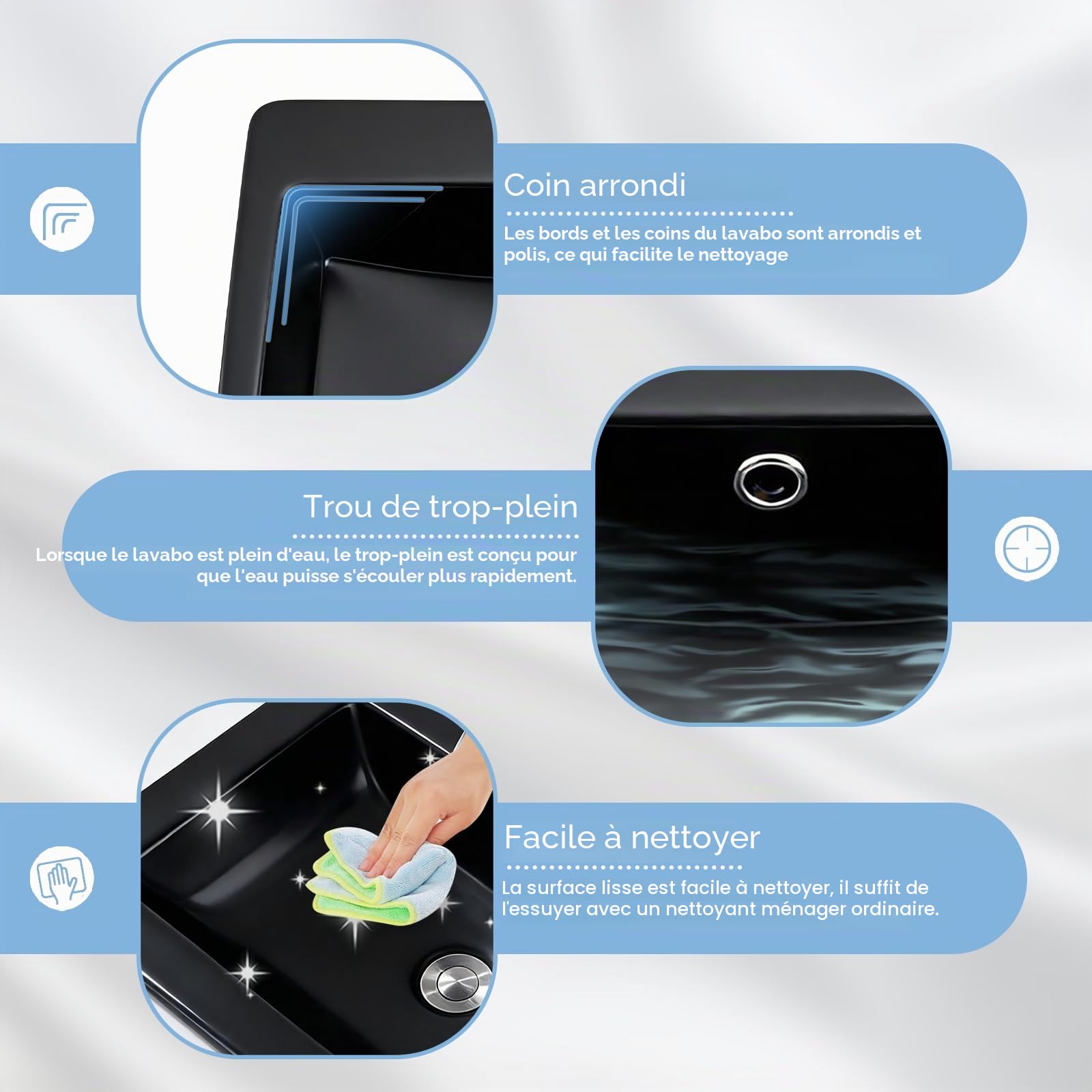 Lavabo en Céramique Noir Mat, 53 x 46 cm, Rectangle, Vasque à Encastrer Moderne, Lavabo de Comptoir avec Trou pour Robinet,Trop-Plein et Bonde de Vidange Escamotable en Acier inoxydable, Salle de Bain