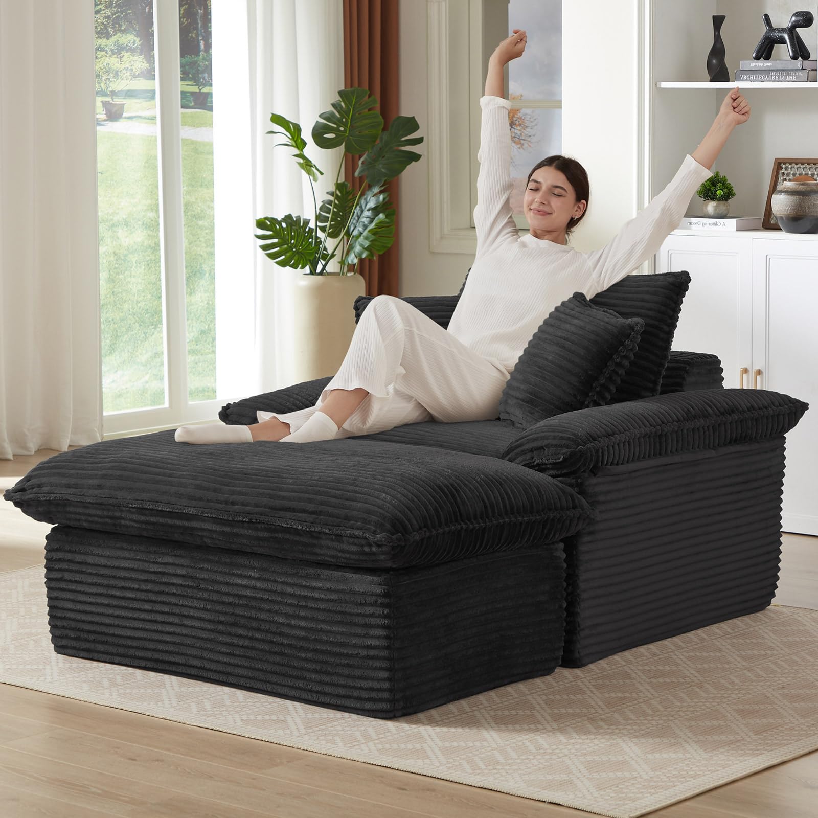 Oversized Chaise Lounge Chair Indoor, Boneless Chaise Lounges with Cup Holders & 3 Pillows, Modern Corduroy Sleeper Sofa Cloud Couch Chair with Wide Arms, No Assembly Required (Black, 52")