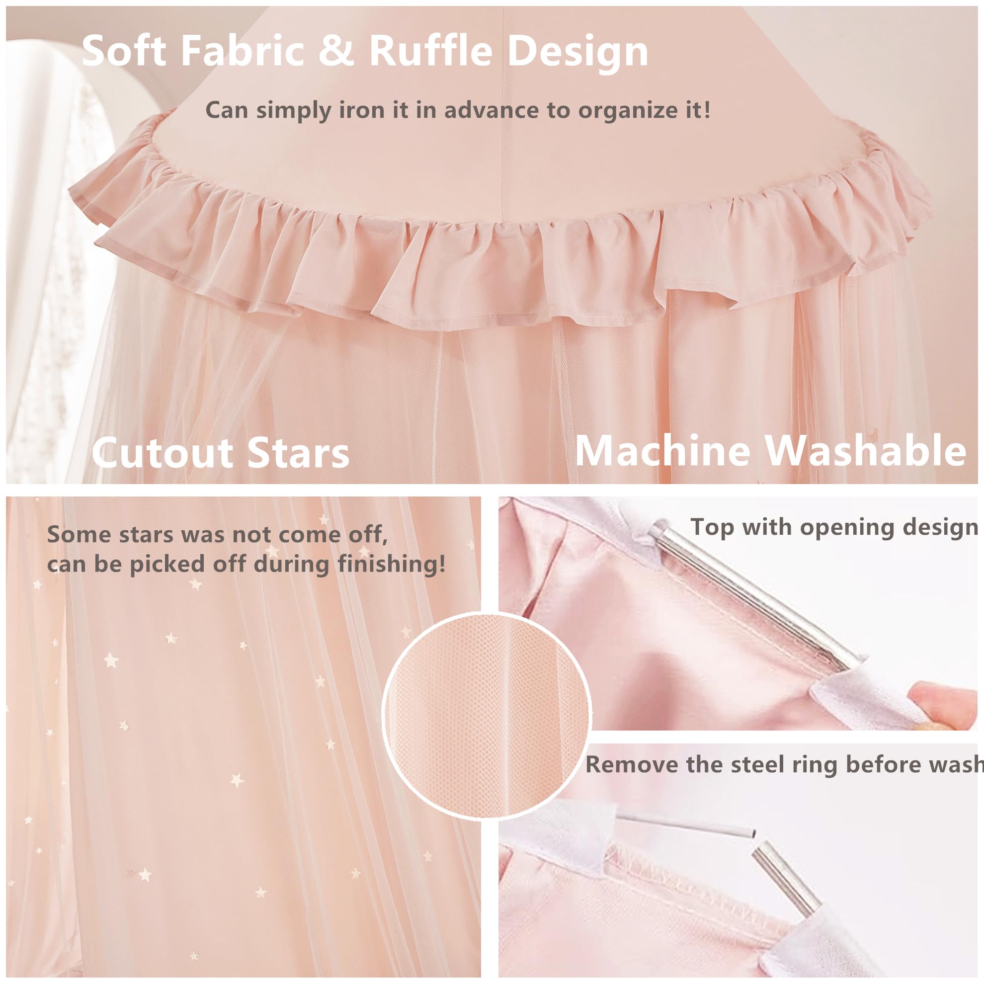 Baldaquin de lit princesse pour fille, double couche avec étoiles découpées, tissu respirant et lavable, convient pour lit double, tente féérique pour décoration de chambre