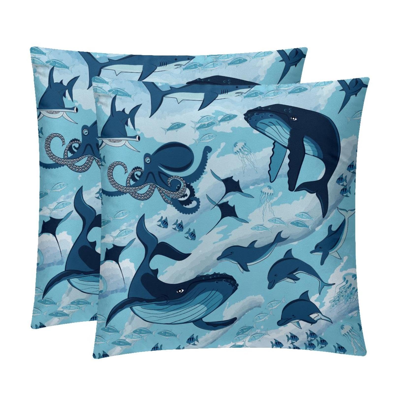 TDGKPZ Dolphin Shark Throw Pillow Cases 2 Pack Pillowcases Zipper Cushion Covers For Bedroom Living Room 50x50cm