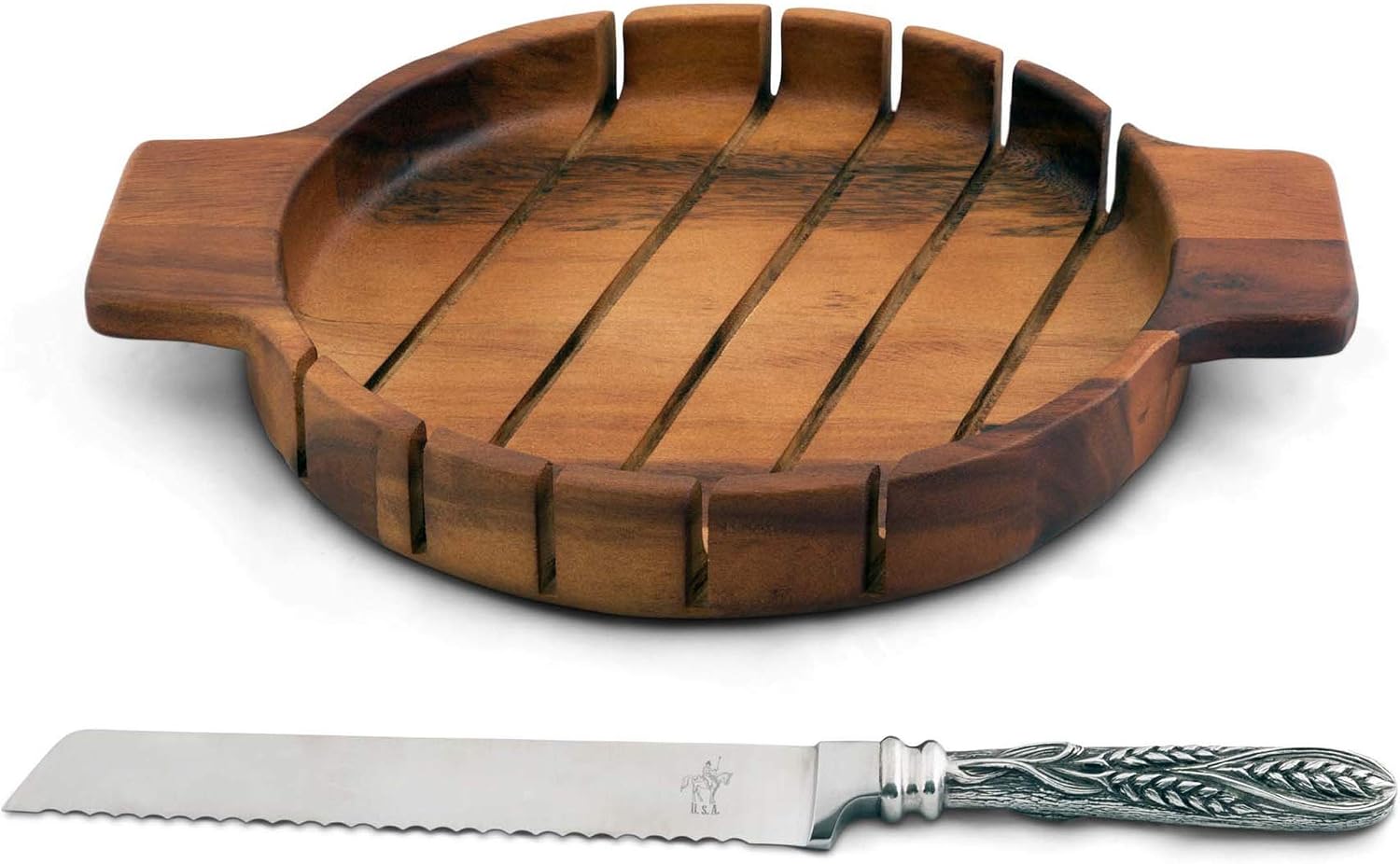 Vagabond House Round Bread Board with Pewter Wheat Knife 14" Wide x 11" Long