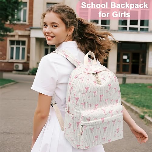 Miniatura 6 de BTOOP Mochila escolar para adolescentes, mochila grande de pana ligera, para niñas, niños, casual, escuela secundaria, universidad, A-lazo rosa,