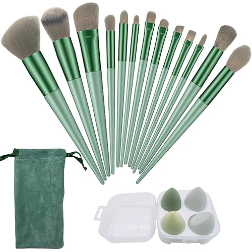 Muhuabeauty 13 pcs Makeup Brushes Set with Beauty Blender, Eyeshadow Brush Set with Cloth Bag and 4 pcs Boxed Sponges for Foundation