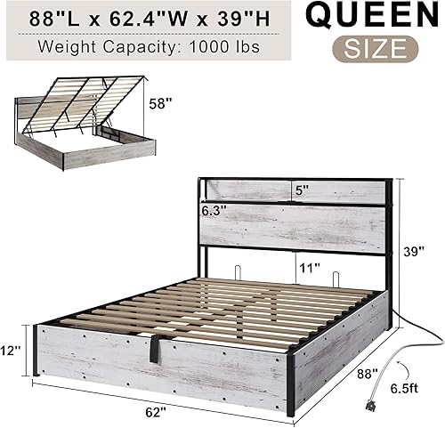 Miniatura 47 de Cama de almacenamiento elevable de tamaño matrimonial, marco de cama de plataforma de madera con cabecera de almacenamiento y estación de carga, no