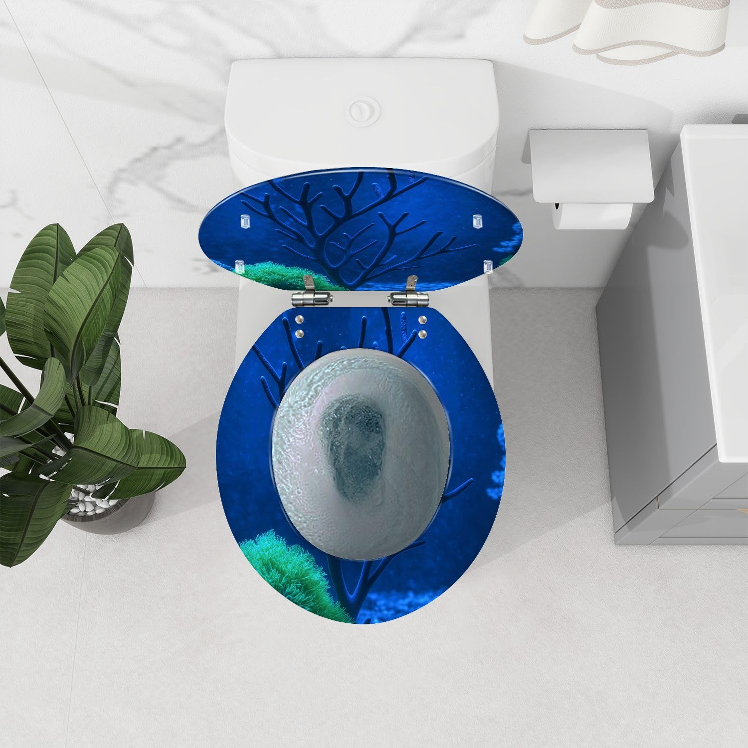 Dekorativer Runder Wc-Sitz, Blauer Marine-Aquarium-Behälter Aus Kunstharz mit Üppiger Bepflanzung, Leise Schließende Schnellverschluss-Scharniere, Abdeckungspuffer, Einfache Montage, Hygieni
