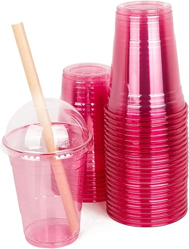 Golden Apple, Juego de 30 tazas de plástico rosa y rojo con tapas de cúpula transparente con agujero (30 tazas + 30 tapas) sin BPA