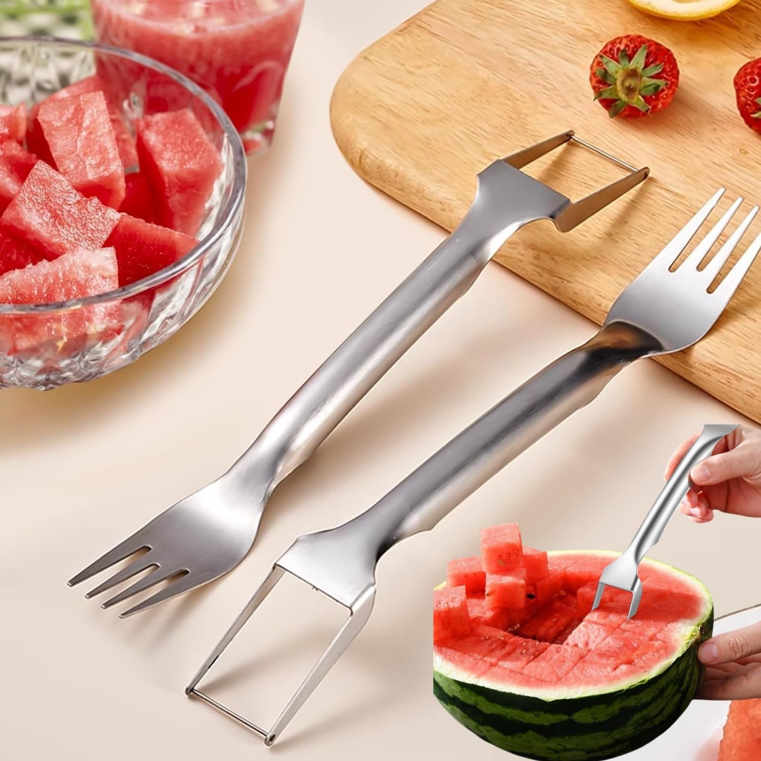 2-in-1 Stainless Steel Fruit Cutter, Watermelon Fork Slicer Cutter (1PCS)