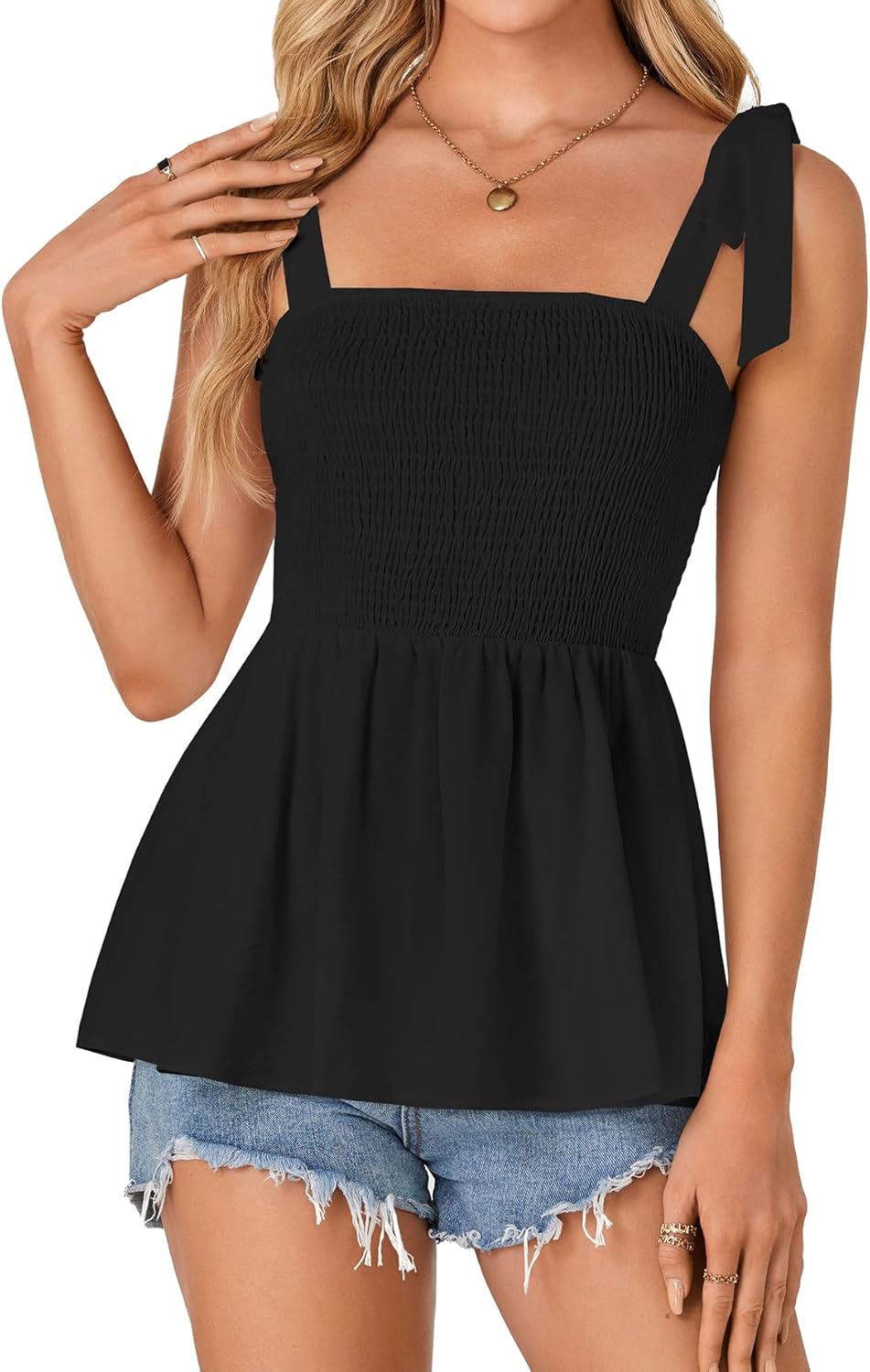 Vrtige Women's Casual Tie Shoulder Shirred Ruffle Hem Strappy Sleeveless Tank Blouse Peplum Top - Image 2