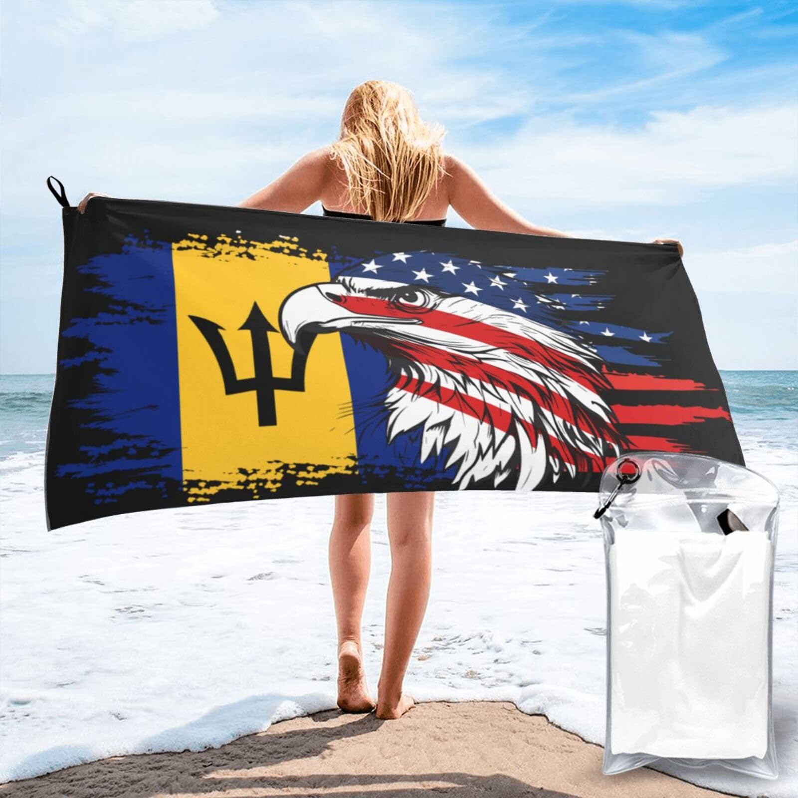 HACXZ America Flag and Barbados Flag Microfiber Beach Towel Lightweight Absorbent Travel Pool for Men Women 27.5"X55"