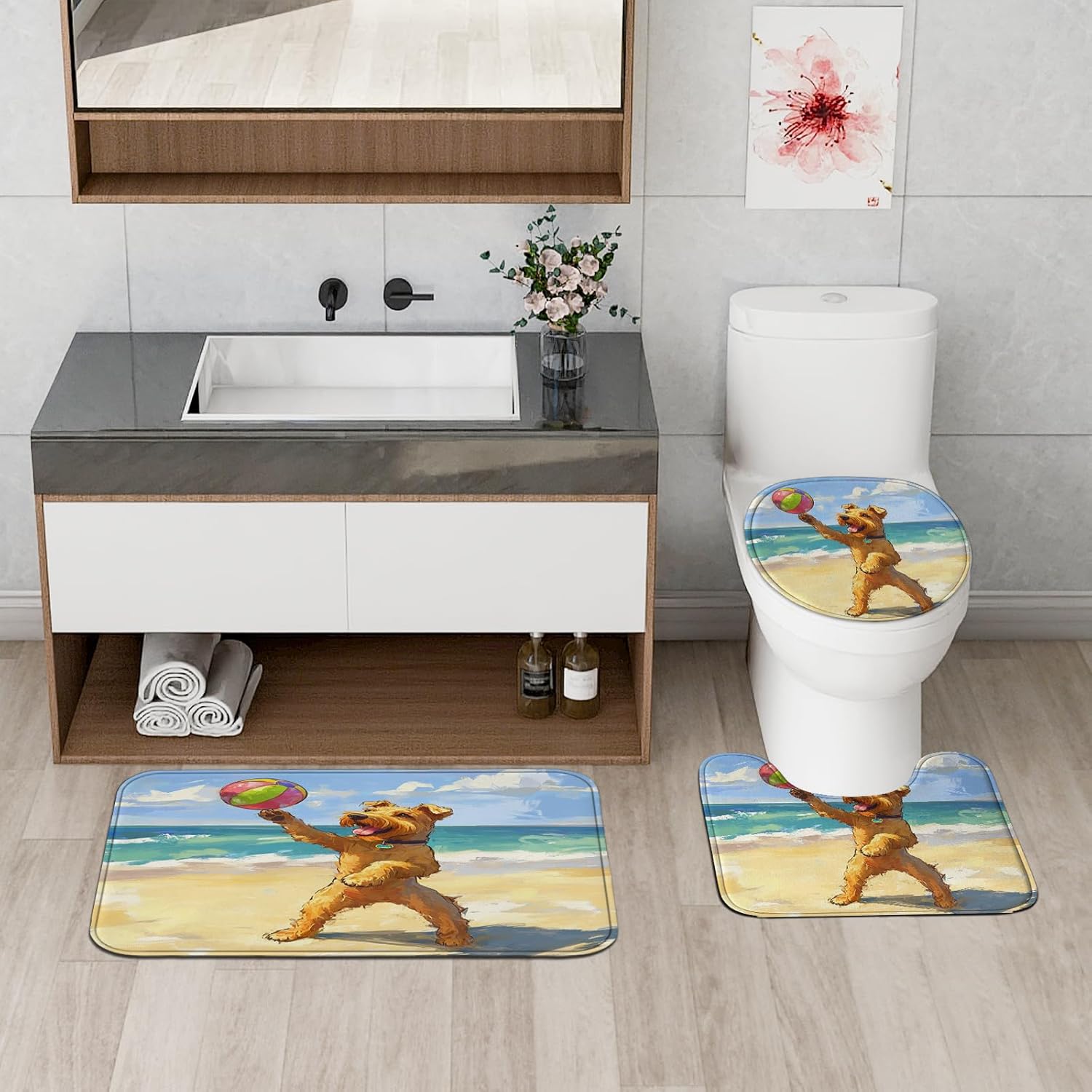 4PCS Airedale Terrier Dog Bathroom Accessory Sets with Non-Slip Rug, U Shape and Toilet Lid Cover Mat, Fun Puppy Beach Cartoon Kids Bathroom Decorative-72''x72''
