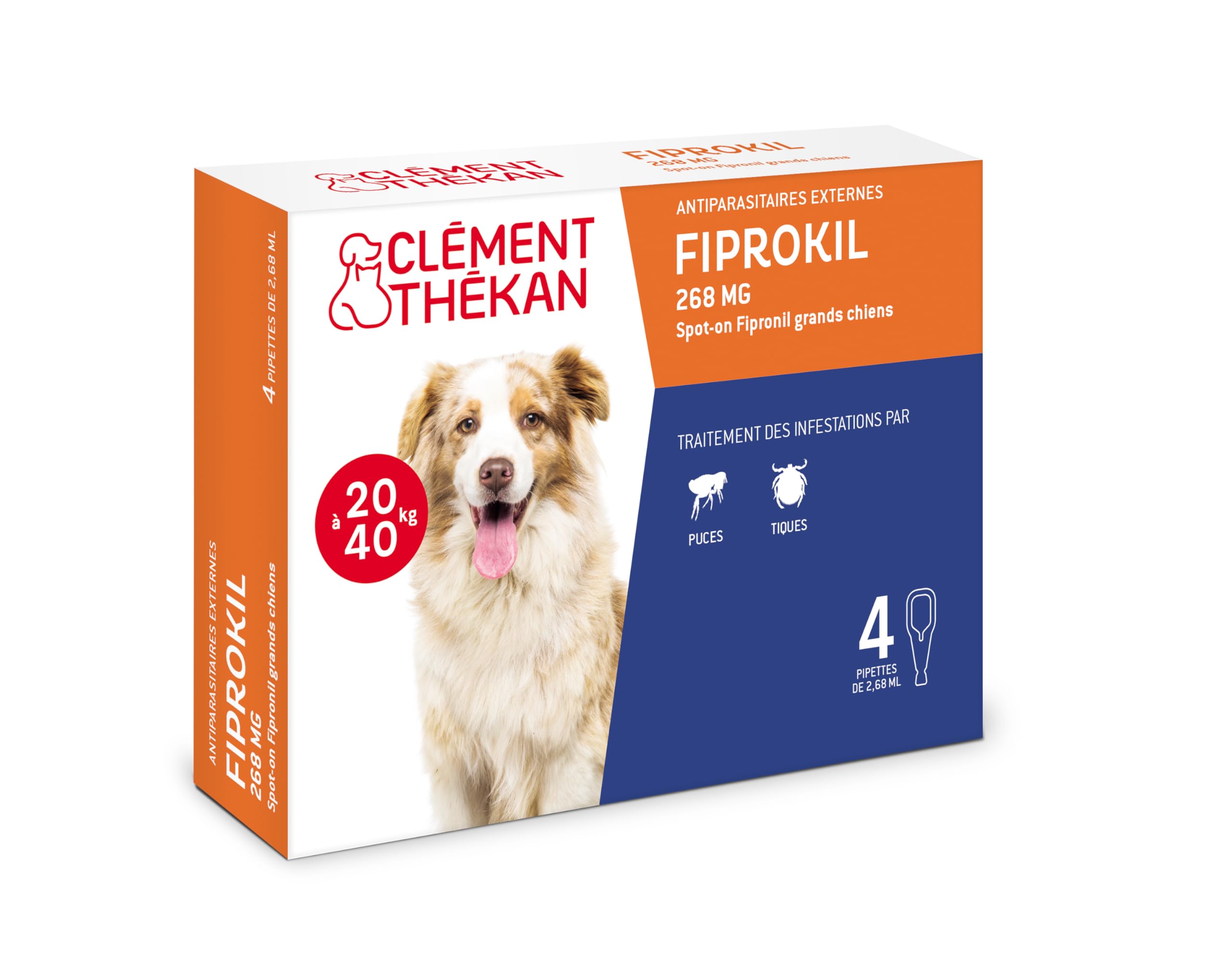 Clément Thékan - Anti-puces et anti-tiques pour grands chiens de 20 à 40 kg - 4 pipettes - Solution pour Spot-on Fiprokil 268 mg