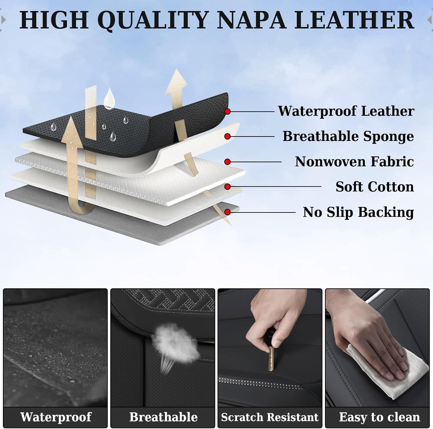 Coverado Car Seat Covers Full Set, Luxury Nappa Leather Seat Cover, Universal Seat Covers for Cars, Front and Back Waterproof Seat Cover Car Seat Protector Fit for Most Cars(Black)