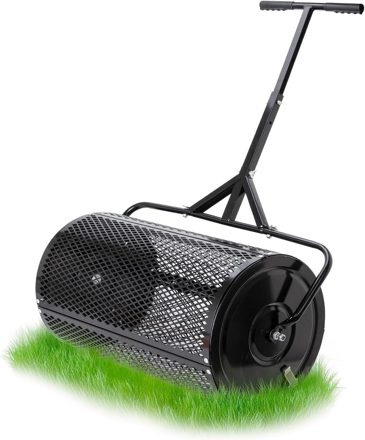 Compost Spreader 24 Inch Roller Lawn Spreader with T Shaped Handle for Planting Seeding Durable Metal Mesh Spreader for Lawn