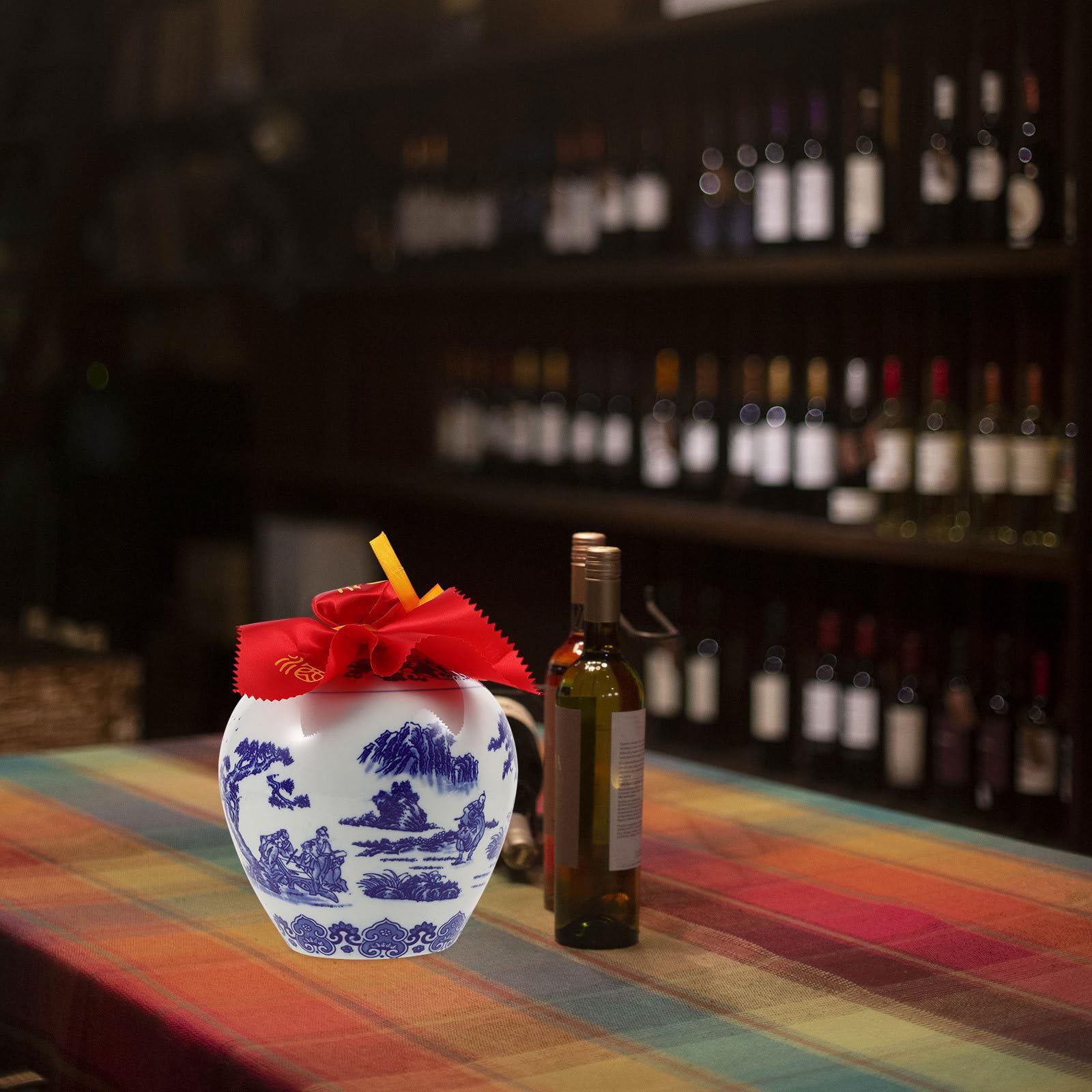 Botella de Licor China de Cerámica Azul y White Retro