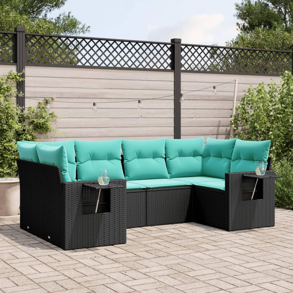 vidaXL 6 Piece Patio Sofa Set with Cushions - Black Poly Rattan Outdoor Garden Furniture - UV-Resistant Modular Design, Foldable Tables, Removable Covers, Blue Cushions