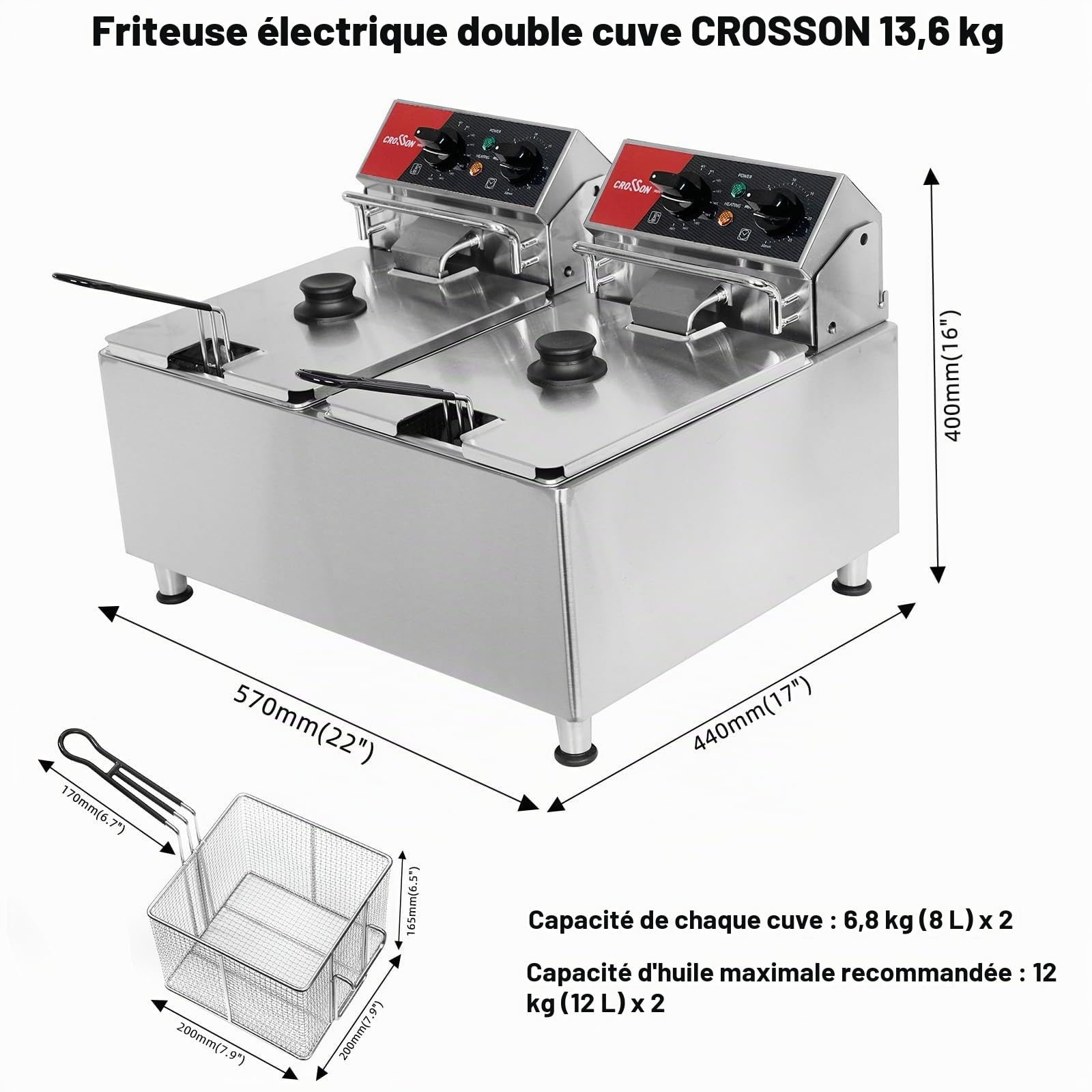 crosson Friteuse électrique CROSSON 16 L à double réservoir avec tête de friteuse rotative, minuterie de 30 minutes, thermostat EGO, friteuse de comptoir pour usage commercial