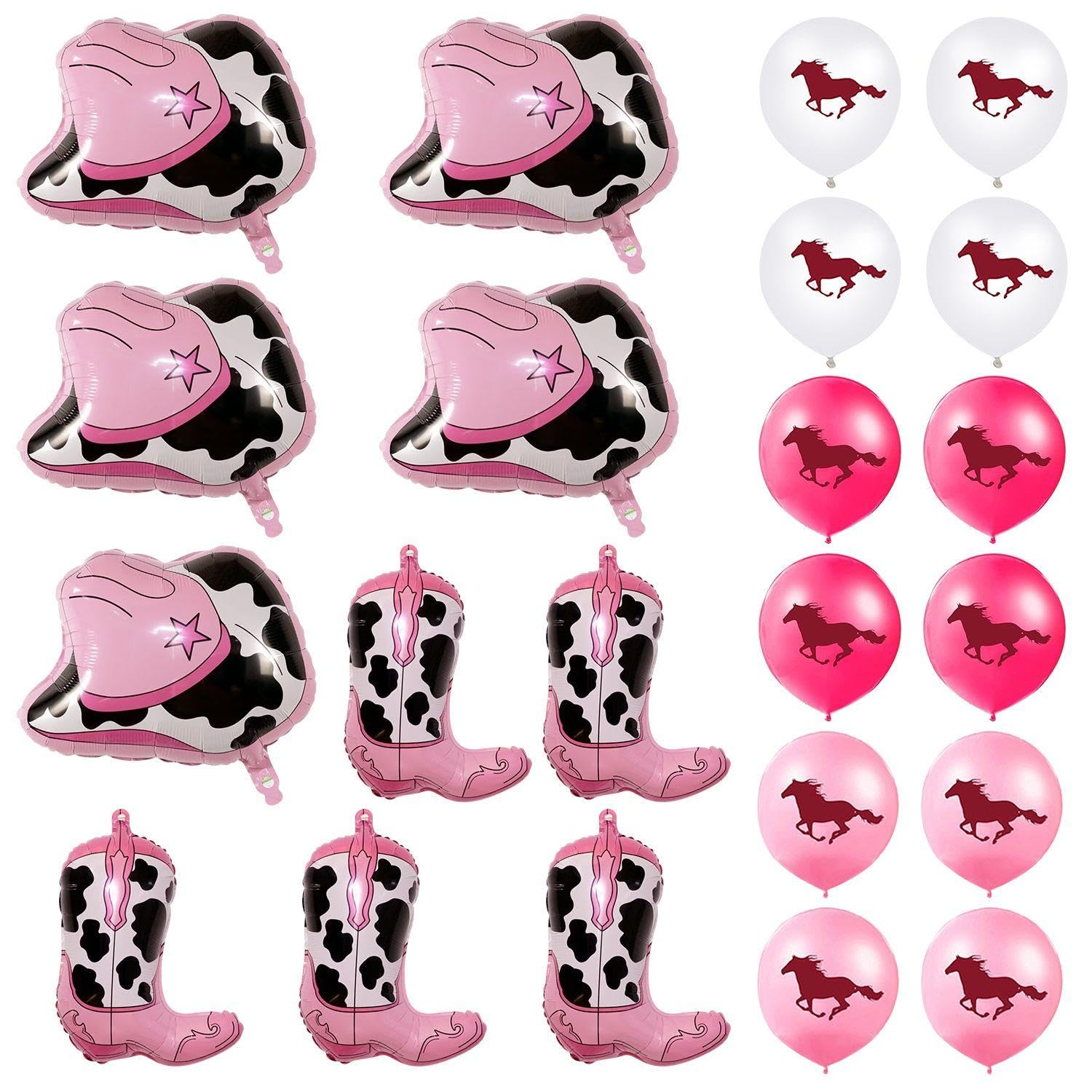 Rnskfg Pink 10 Pieces Of Cowboy Hat Boot Balloons And 12 Pieces Of Horse Balloons, Cartoon Inflatable Balloons, Birthday Party Decorations, Party Layout Display Items.