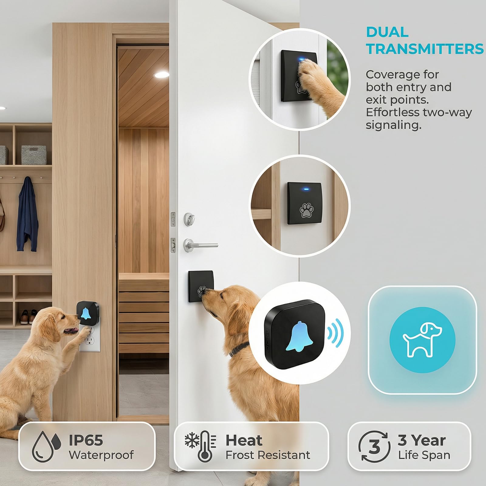 PORFOYO Dog Doorbell, bezprzewodowy dzwonek do drzwi dla psa, 38 dzwonków i 4 poziomy głośności, zakres 400 m², do użytku na zewnątrz, do drzwi wejściowych, domu (czarny, 1 odbiornik, 1 nadajnik)
