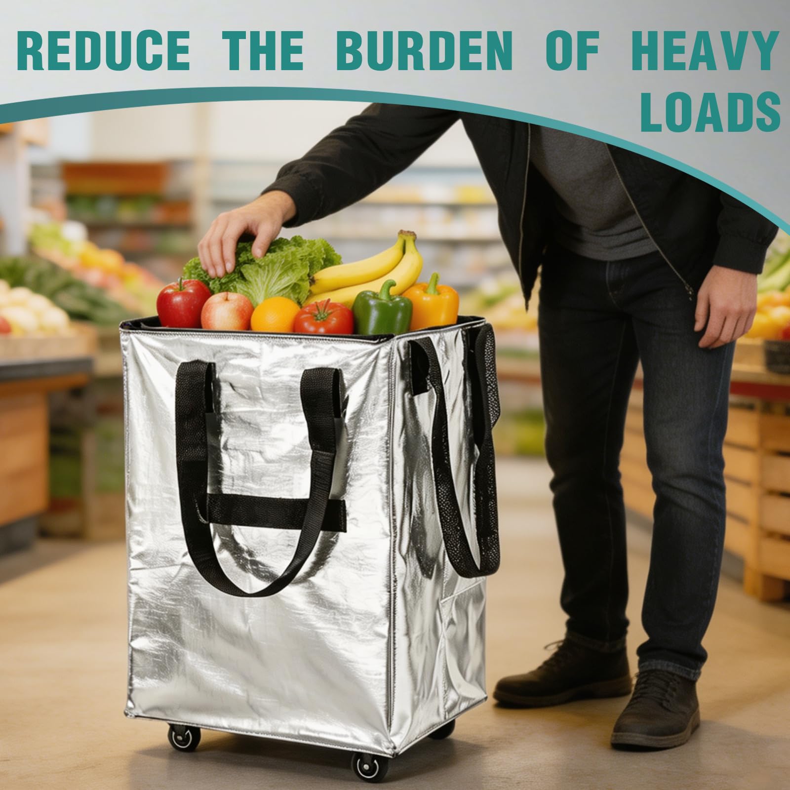 Carrito De Compras, 40 * 30 * 50cm Carrito Reutilizable Plegable con Ruedas Y Asas Reutilizable Plata Bolsa De Compras Impermeable para Acampar IR De Compras O Lavar La Ropa