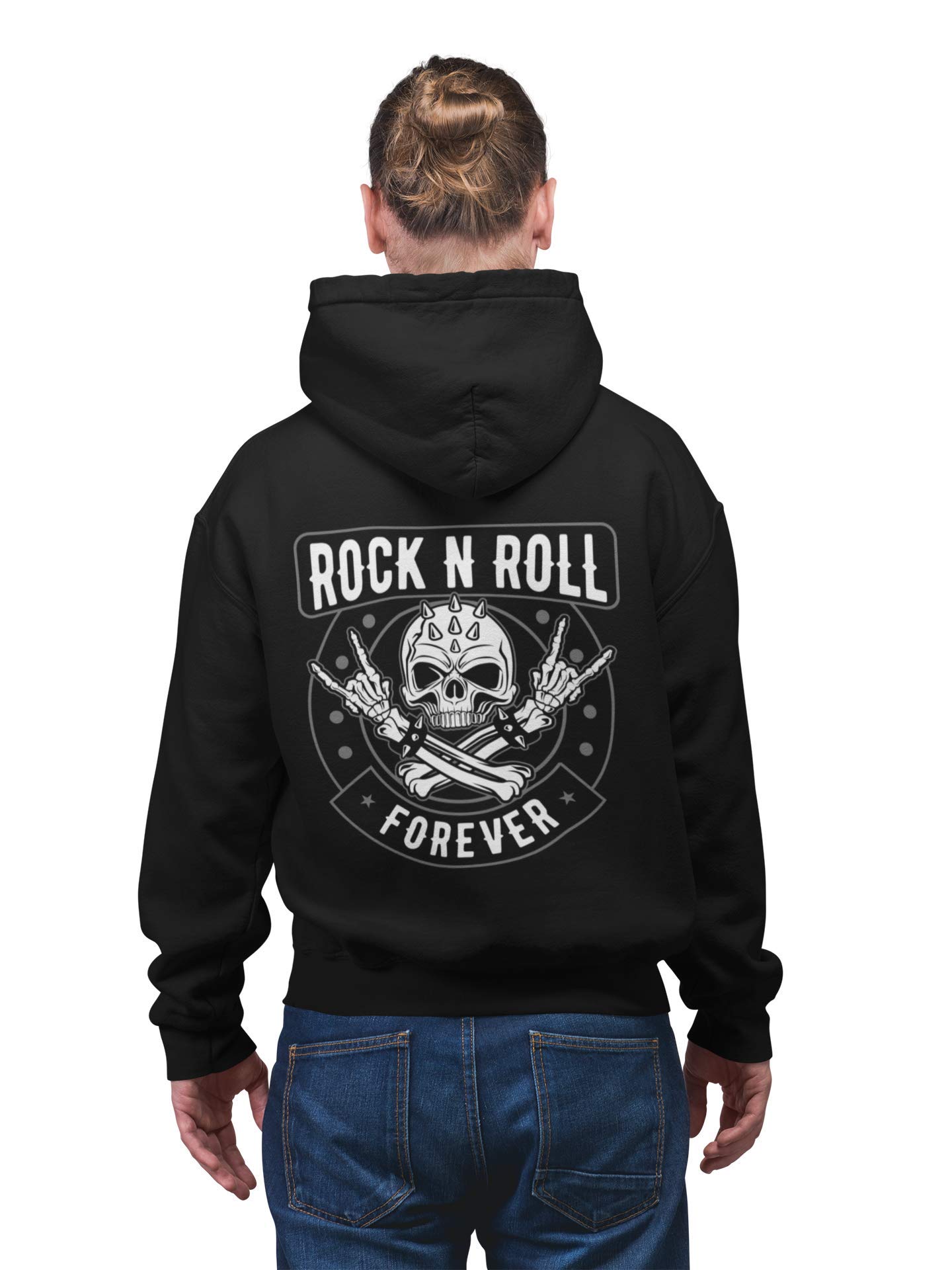 Rocker Männer Pullover mit Kapuze Rock n Roll Forever - Biker Kapuzenpullover Hoodie Herren für Death Rock Fans Heavy Metal Sweatshirt Gothic Regular Fit Baumwolle Schwarz S-5XL