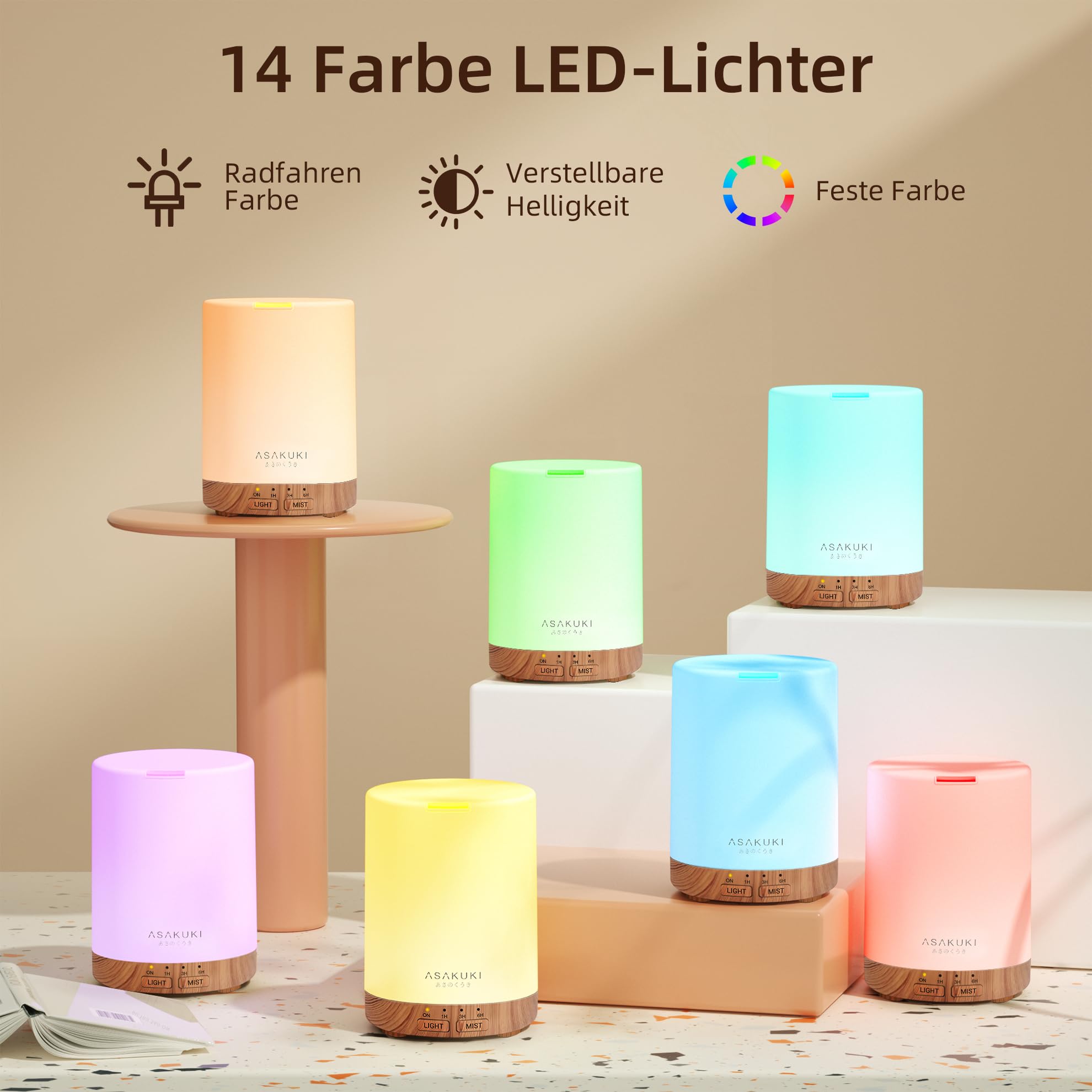 ASAKUKI Aroma Diffuser mit Ätherische Öle Set, 300ml Aromatherapie Luftbefeuchter mit 6 * 10ML Öle Set, 14 LED-Farben & automatischer Abschaltung -Geschenk
