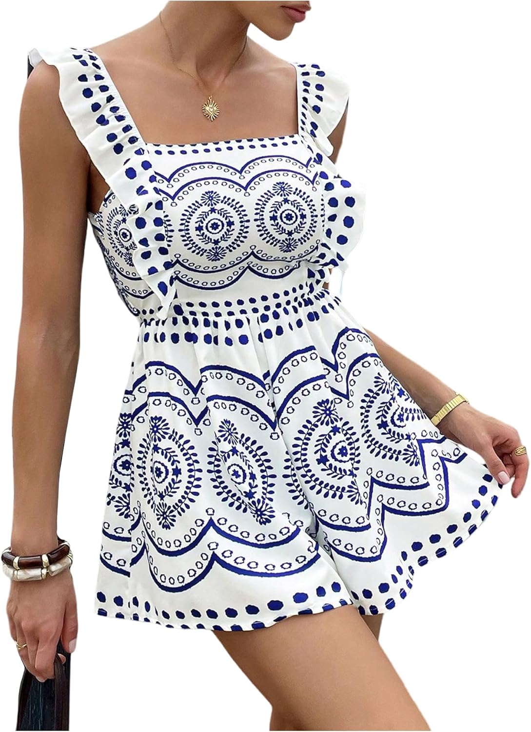 Floerns Women's Floral Print Ruffle Boho Sleeveless Romper Tie Backless Cut Out Summer Short Jumpsuit