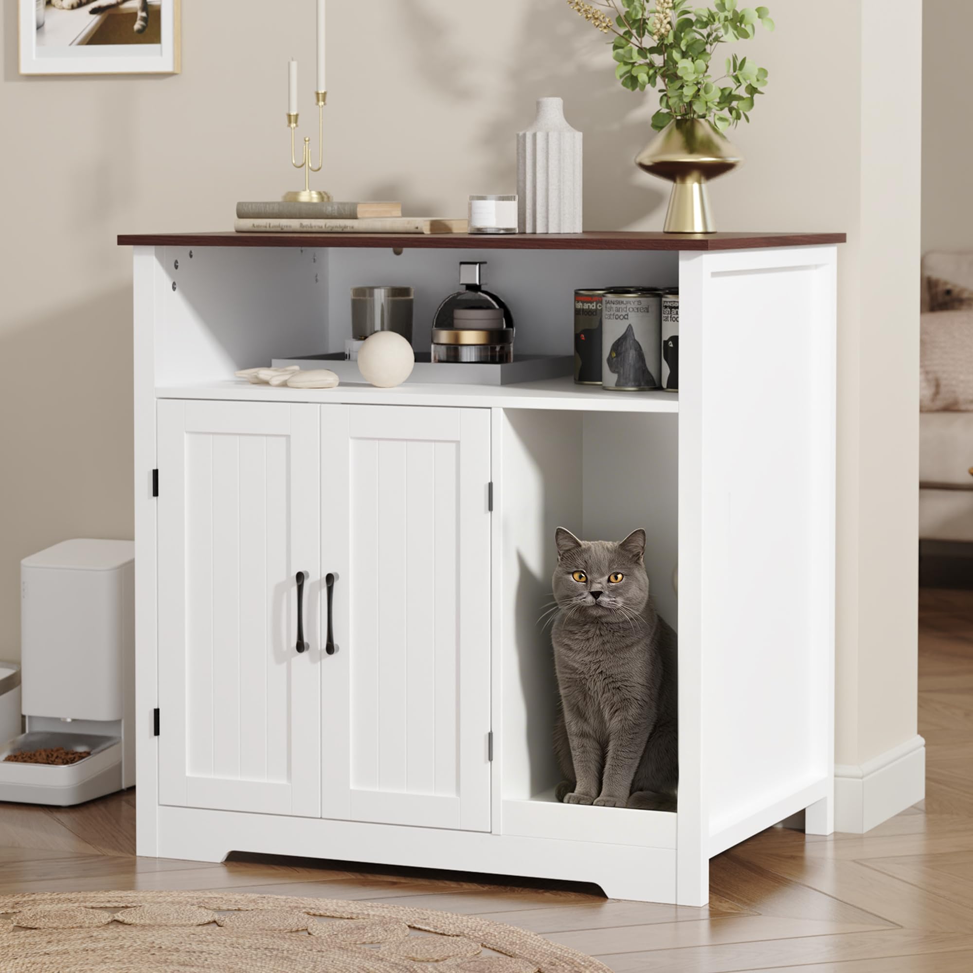 MHOM Large Cat Litter Box Enclosure, Hidden Litter Box Furniture with Scratch Pad and Shelf, Indoor Cats House for Living Room, White