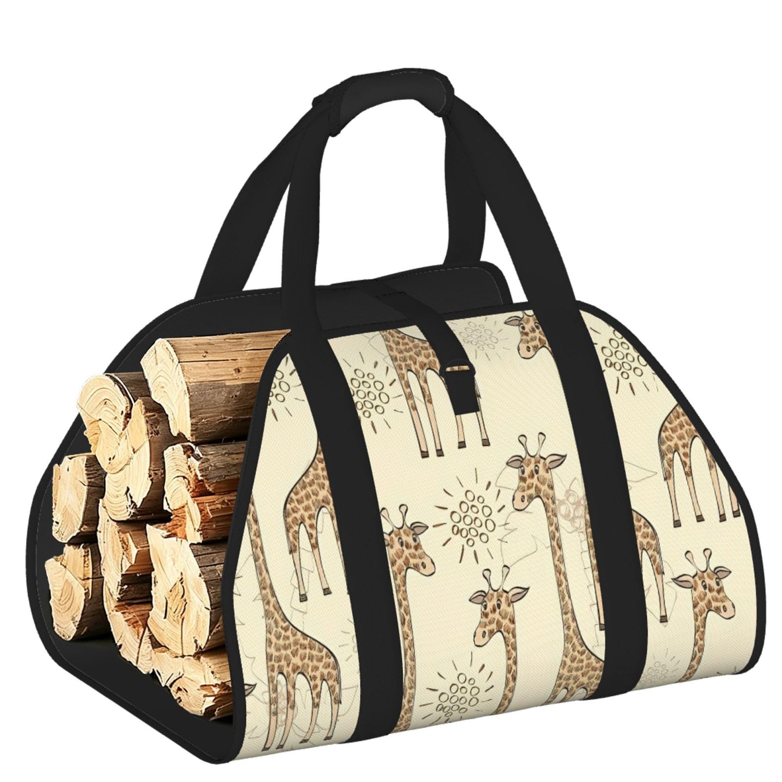 Pphgut Black Hand Drawn Giraffes Print Firewood Bag Wood Carrier Transport Sack Camping Picnic Storage Daily Home