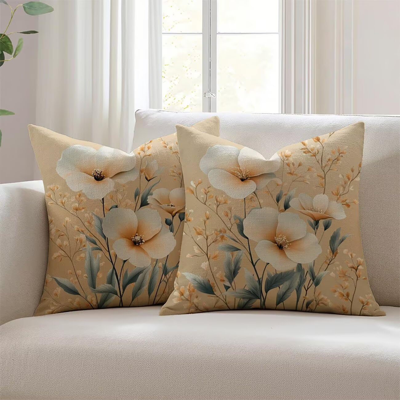 Housse de coussin 50x50cm canapé et extérieur imperméable lot de 2 taies décoratives fleur lin