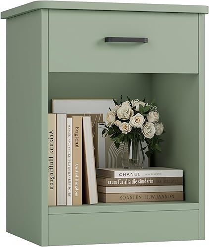 Miniatura 9 de FOTOSOK - Mesita de noche, mesa auxiliar de 2 niveles con cajón y estante de almacenamiento, mesa de noche, mesa auxiliar moderna para dormitorio,