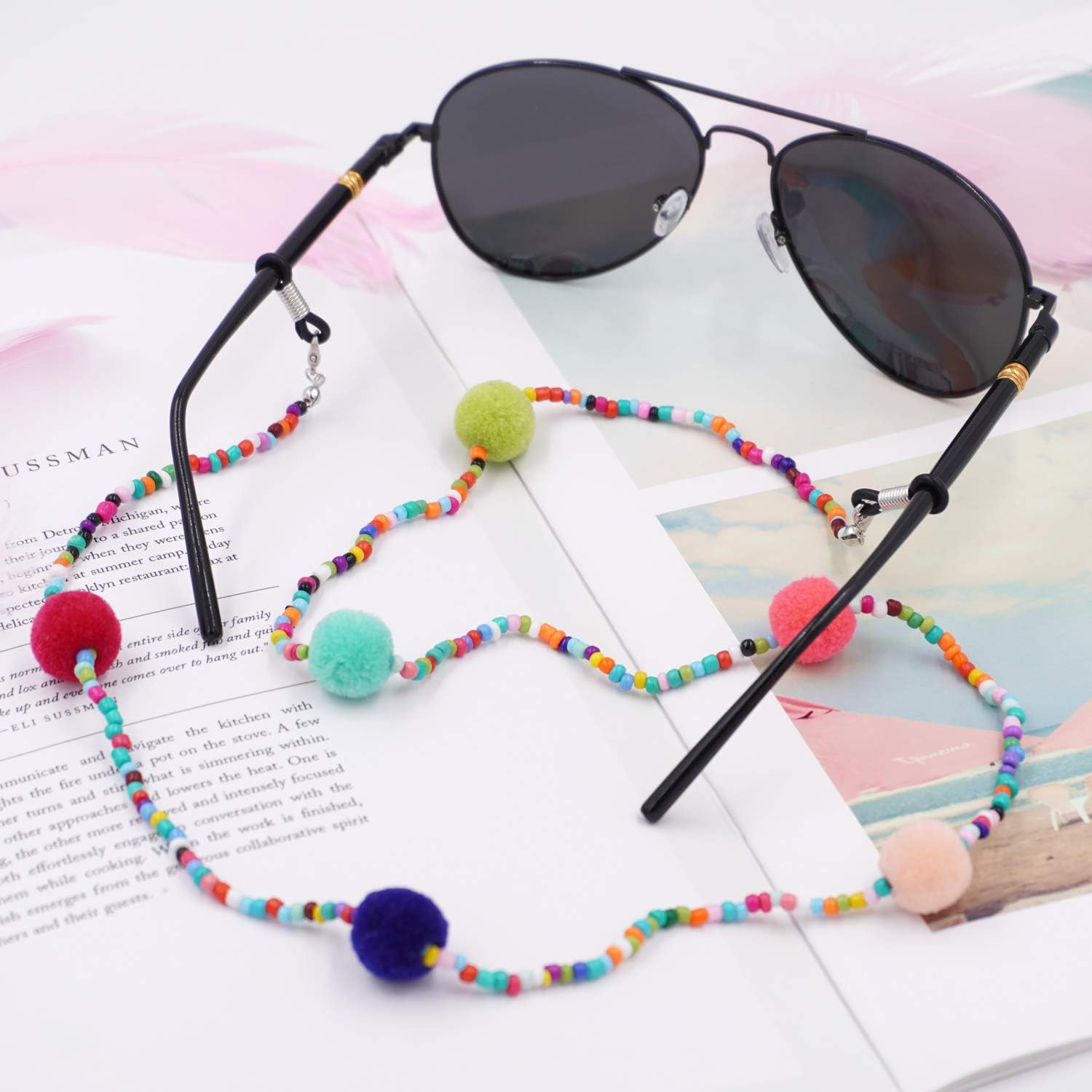 Honbay 2PCS Colorful Beaded Eyeglass Chain Sunglass Holder Glasses Strap Lanyards for Women and Girls (Faux Fluffy Ball)