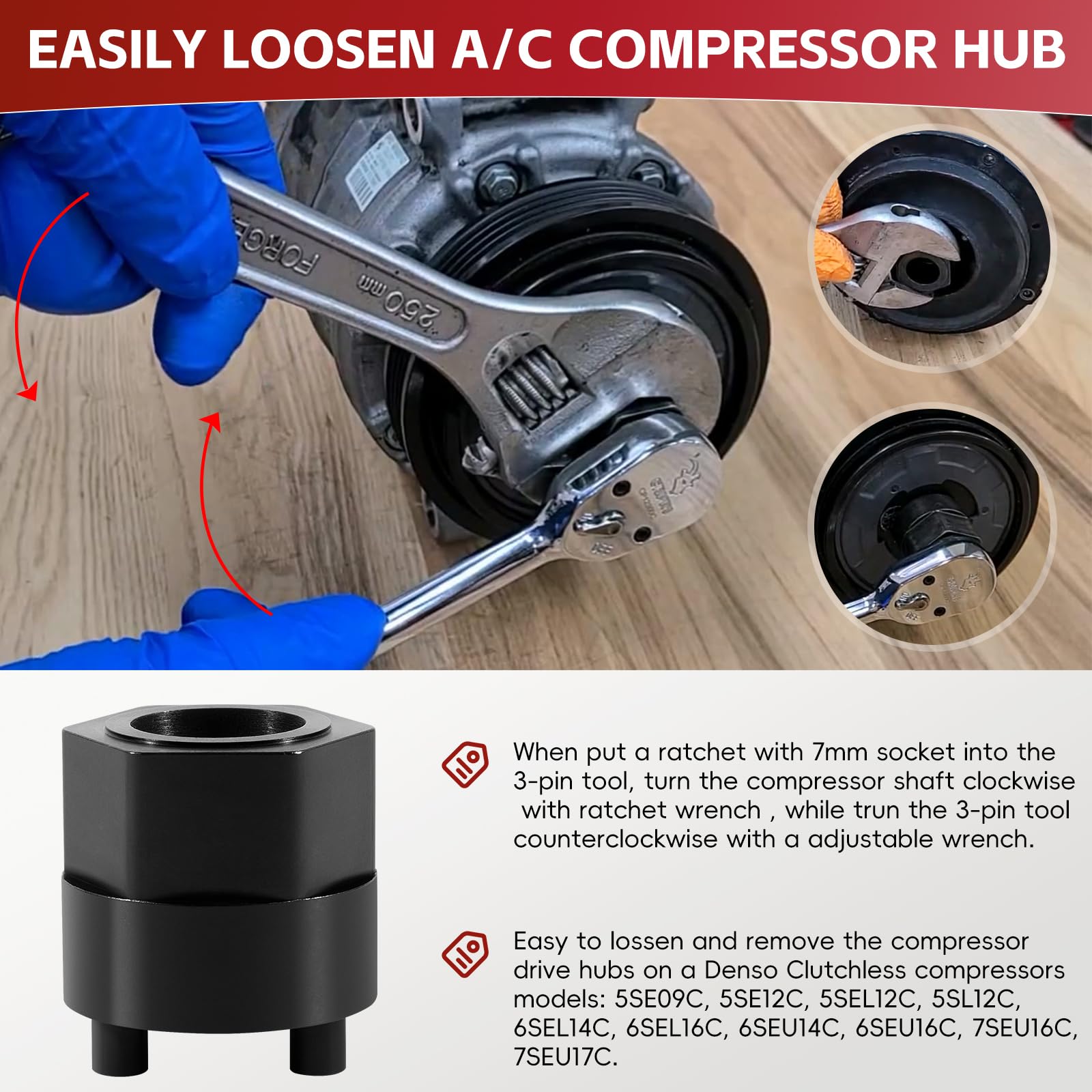 Outil de démontage de moyeu d'embrayage à compresseur A/C 20 mm pour moyeu d'entraînement des compresseurs Denso sans embrayage 5SE09C 5SE12C 5SEL12C 5SL12C 6SEL14C 6SEL16C 6SEU14C 6SEU16C 7SEU16C