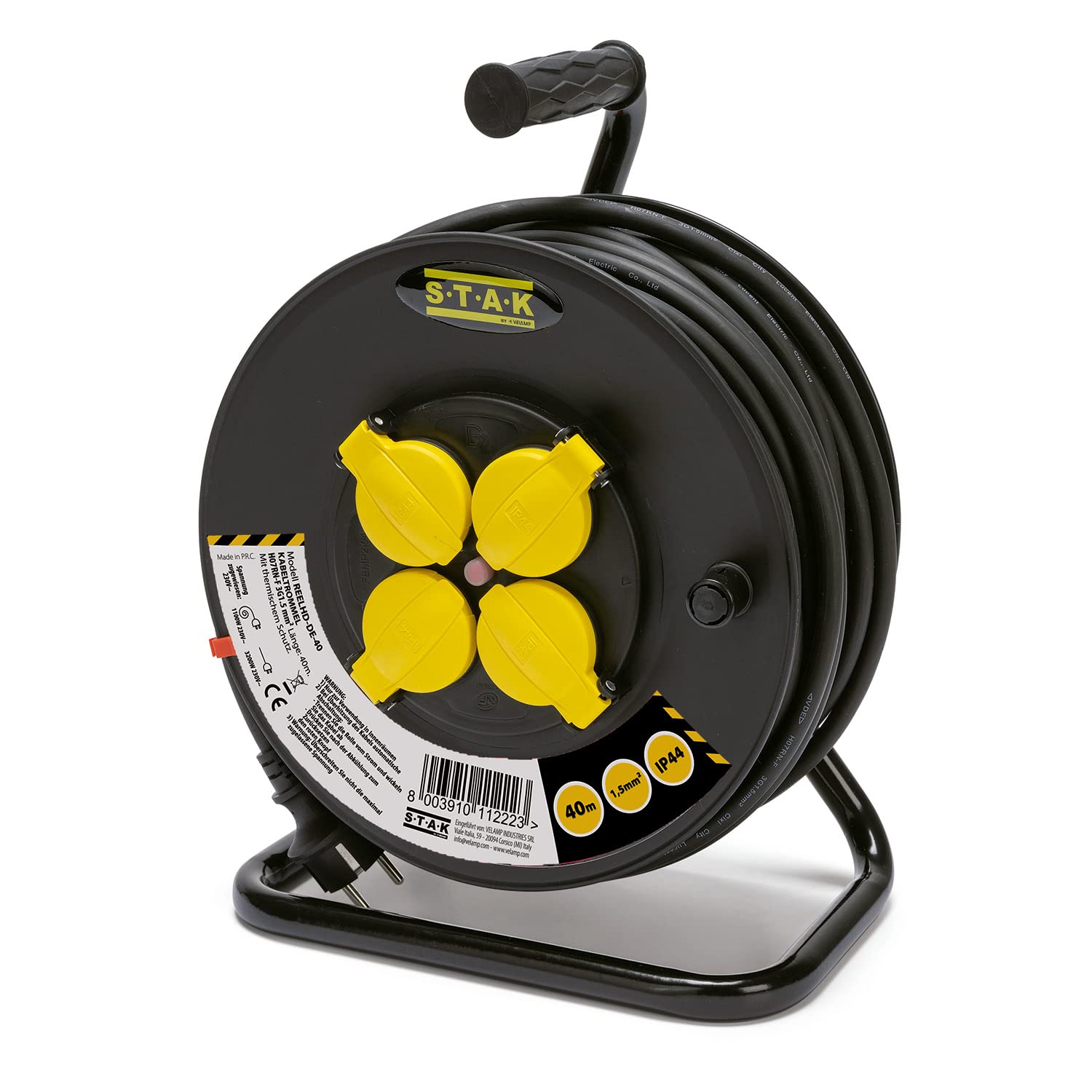 Enrouleur de câble électrique professionnel, 4 prises et fiche Schuko, H07RN-F3G1.5MM2, 40M, GS (TUV)- IP44.