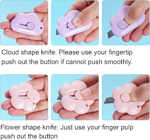 Miniatura 4 de Fengek 18 cuchillos retráctiles utilitarios con diseño de nube y flores, cortadores de caja de plástico para abrecartas con agujero para llavero