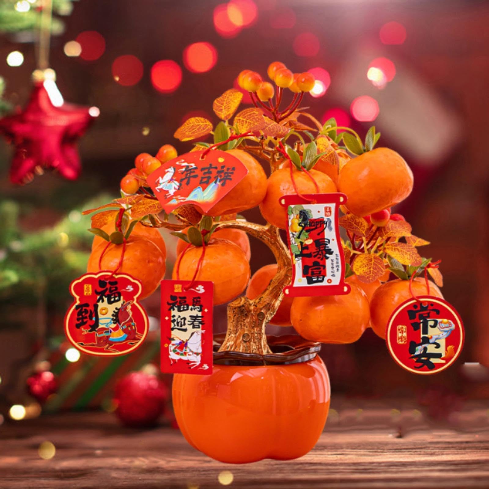 Ornamento da tavolo per il Capodanno cinese, Albero dei soldi della fortuna del Capodanno cinese 2026 Vaso di cachi simulato 27 cm x 28 cm Decorazione in resina espansa
