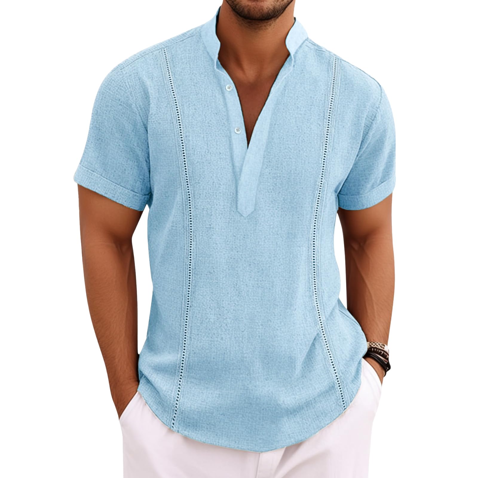 NIBESSER Camisa Lino Hombre Manga Corta Camisa Verano Hombre Cuello Mao Camisa Slim Fit Hombre Casual Henley Shirt Transpirable Color Sólido para Vacaciones Mar Playa