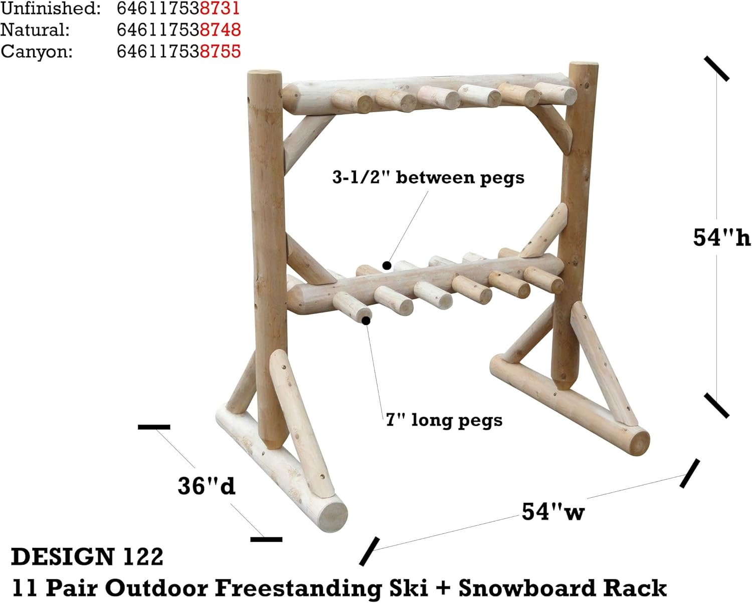 11-Place Freestanding Log Ski Rack Holder, Indoor & Outdoor Snowboard Racks, Standing Storage, Durable Snowboard Rack Garage Storage Organizer - Unfinished