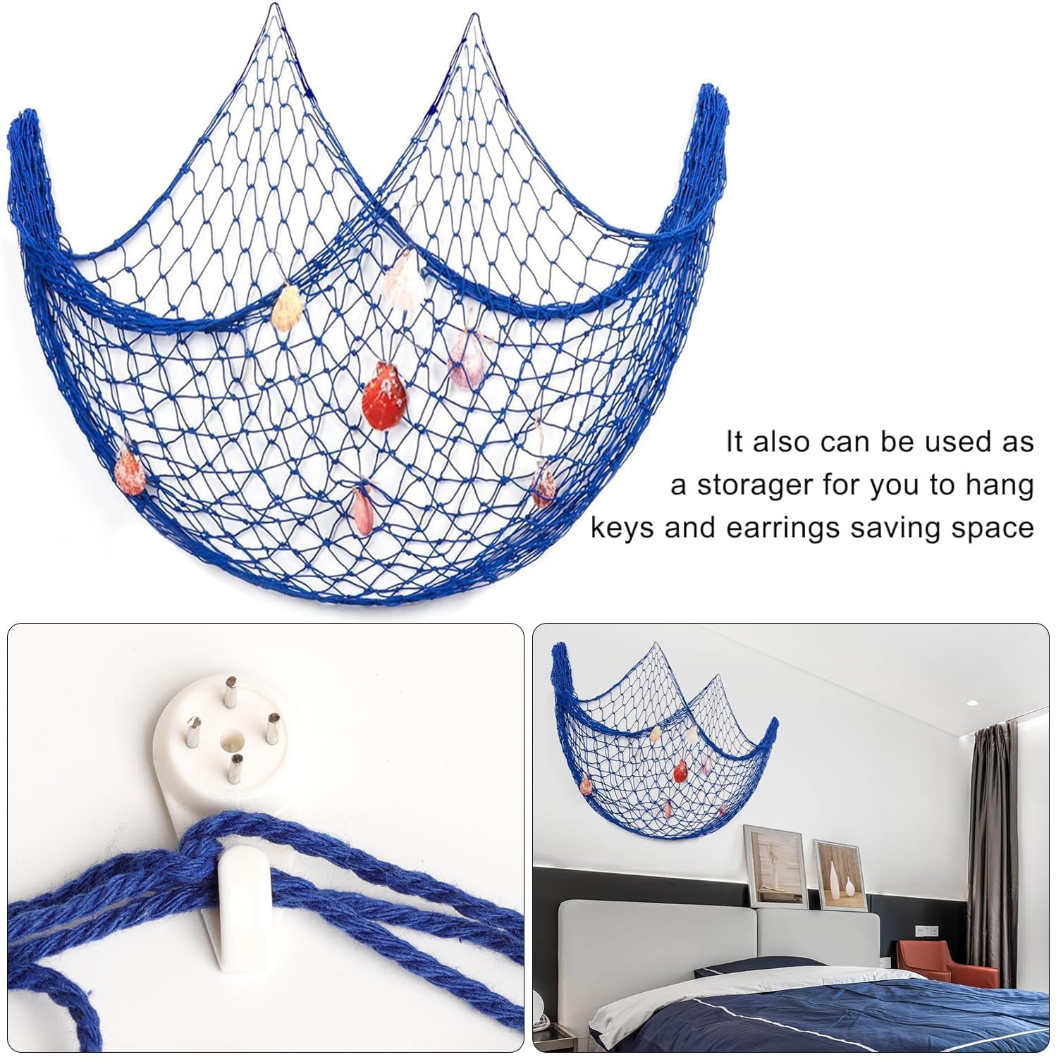 Red de pesca decorativa 1,5 m x 2 m náutica con conchas, velero, timón, ancla de madera colgador fotos clips decoración náutica hogar azul