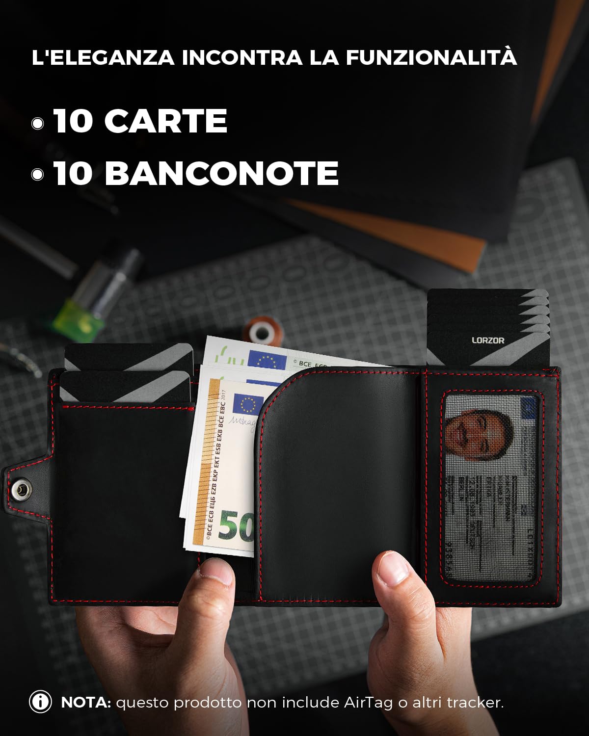 LORZOR® Portafoglio Airtag, Portacarte Uomo di Pelle Vera, Portafoglio Uomo Slim con Porta Carte di Credito e Portamonete, Portacarte Airtag con blocco RFID, per 10 Carte, Moderne