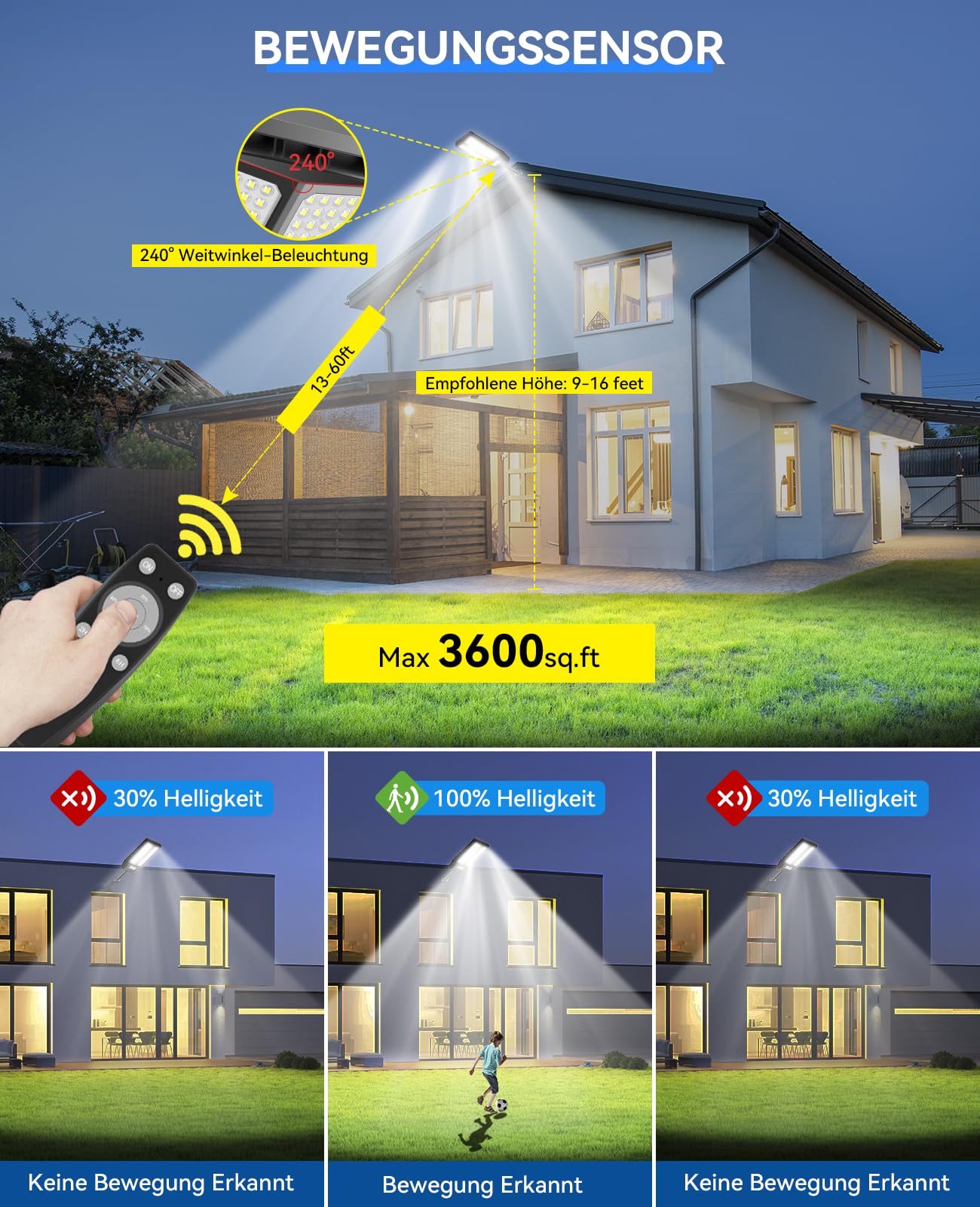 Adewalk 900W Solar Straßenlaterne mit Fernbedienung, IP66 Wasserdichte Solarlampen für Außen mit Bewegungssensor, 6500K Solarleuchten Superhelles LED Solar Strahler Außen für Gärten Garage Straßen