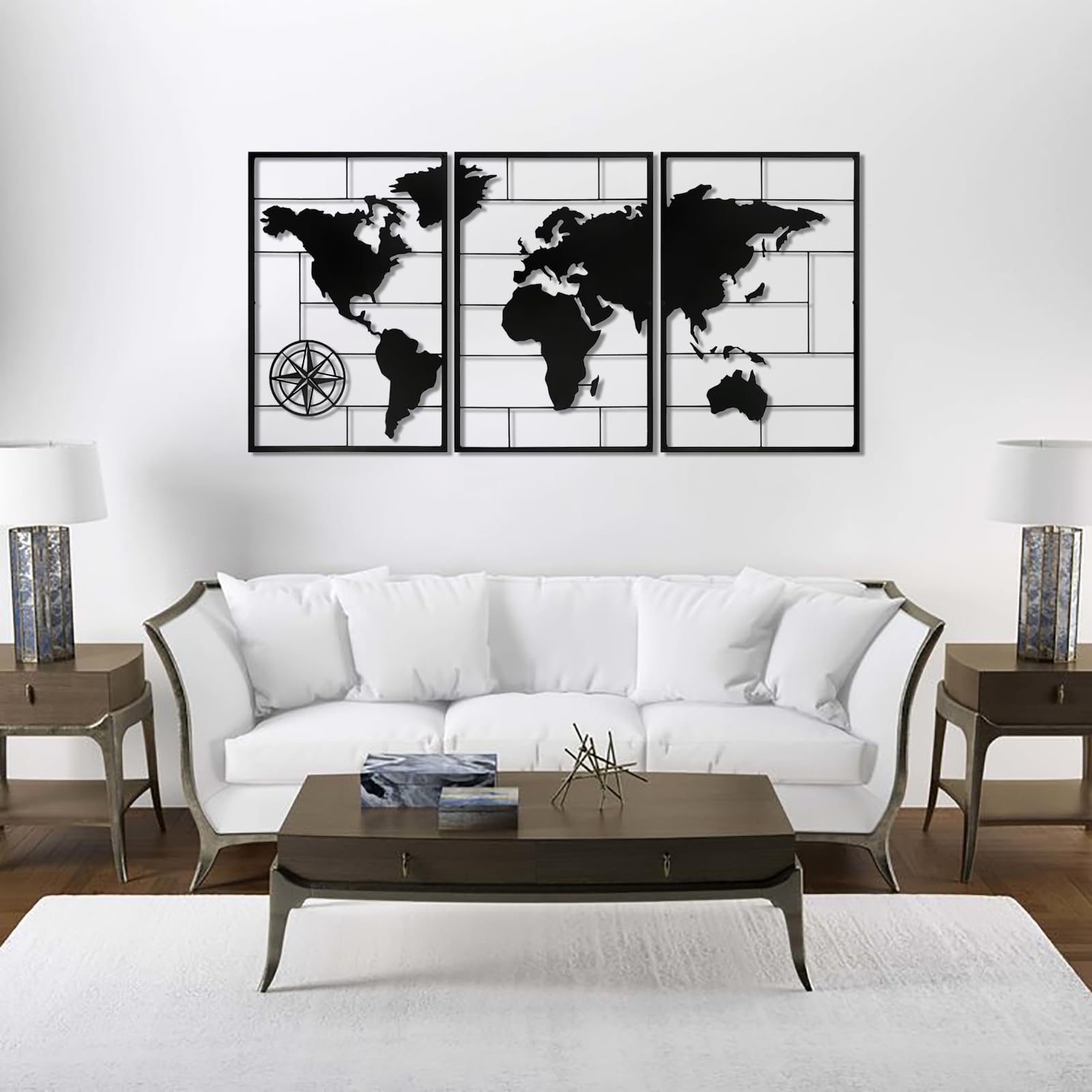 Genérico Arte de Pared de Metal Negro, 3 Piezas, Mapa del Mundo, Estilo 3D, decoración de Oficina, Arte de Pared de Metal, decoración artística, para Sala de Estar, Dormitorio, Pasillo y escaler