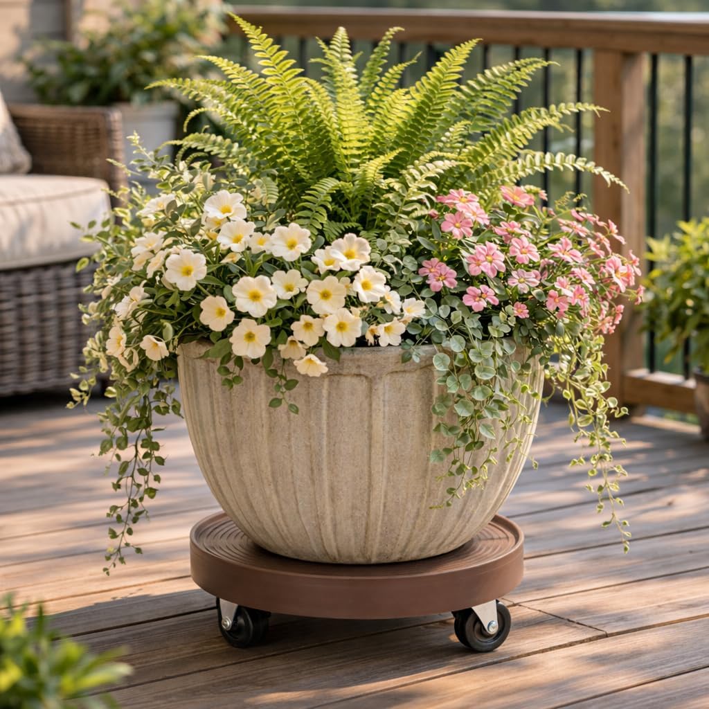 12" Rolling Plant Caddy with Drain Hole, Heavy Duty Plant Dolly with Wheels & Locking Wheel, Indoor Outdoor Planter Base for Pots, Round Plant Tray, Espresso, Supports 500 lbs