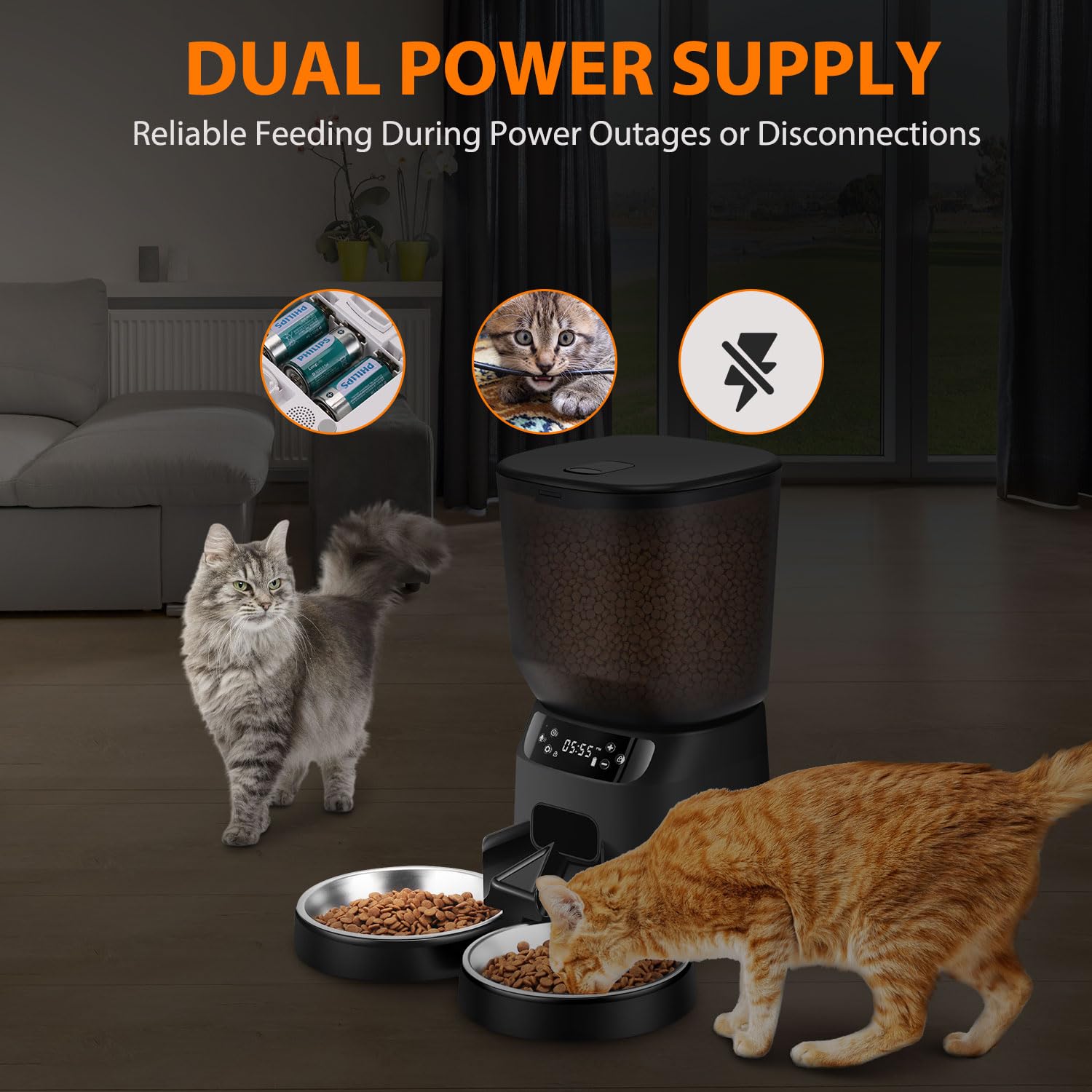 Automatic Cat Feeders for Two Cats, 5L/20 Cups Double Automatic Cat Food Dispenser with 2 Stainless Bowls, Timer Setting 20 Portions 6 Meals Per Day, 10s Meal Call, Pet Feeder for Dog (White, 4L) - image 5